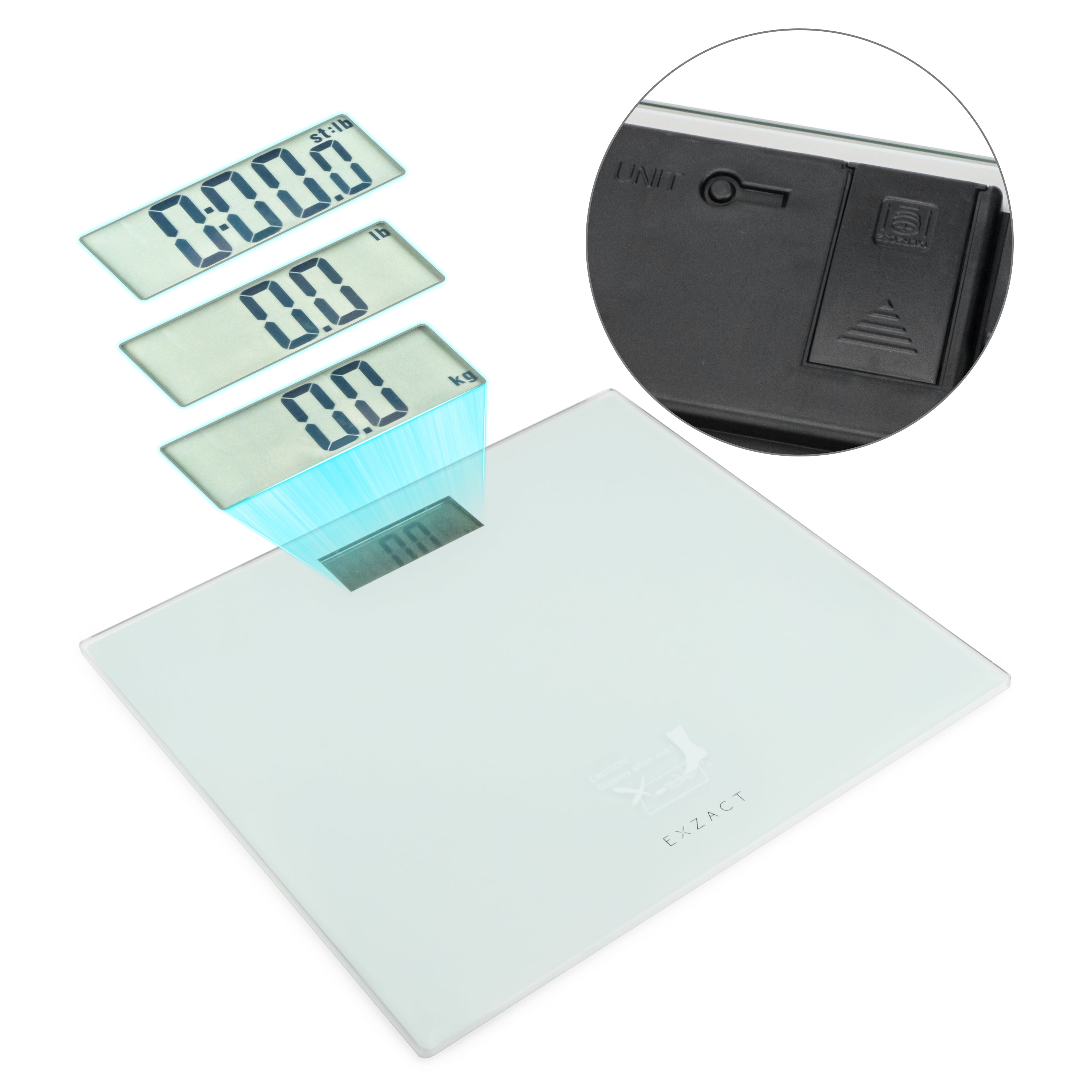 EXZACT Digital Bathroom Scale – 150kg/330lb, Metric & Imperial, White Glass