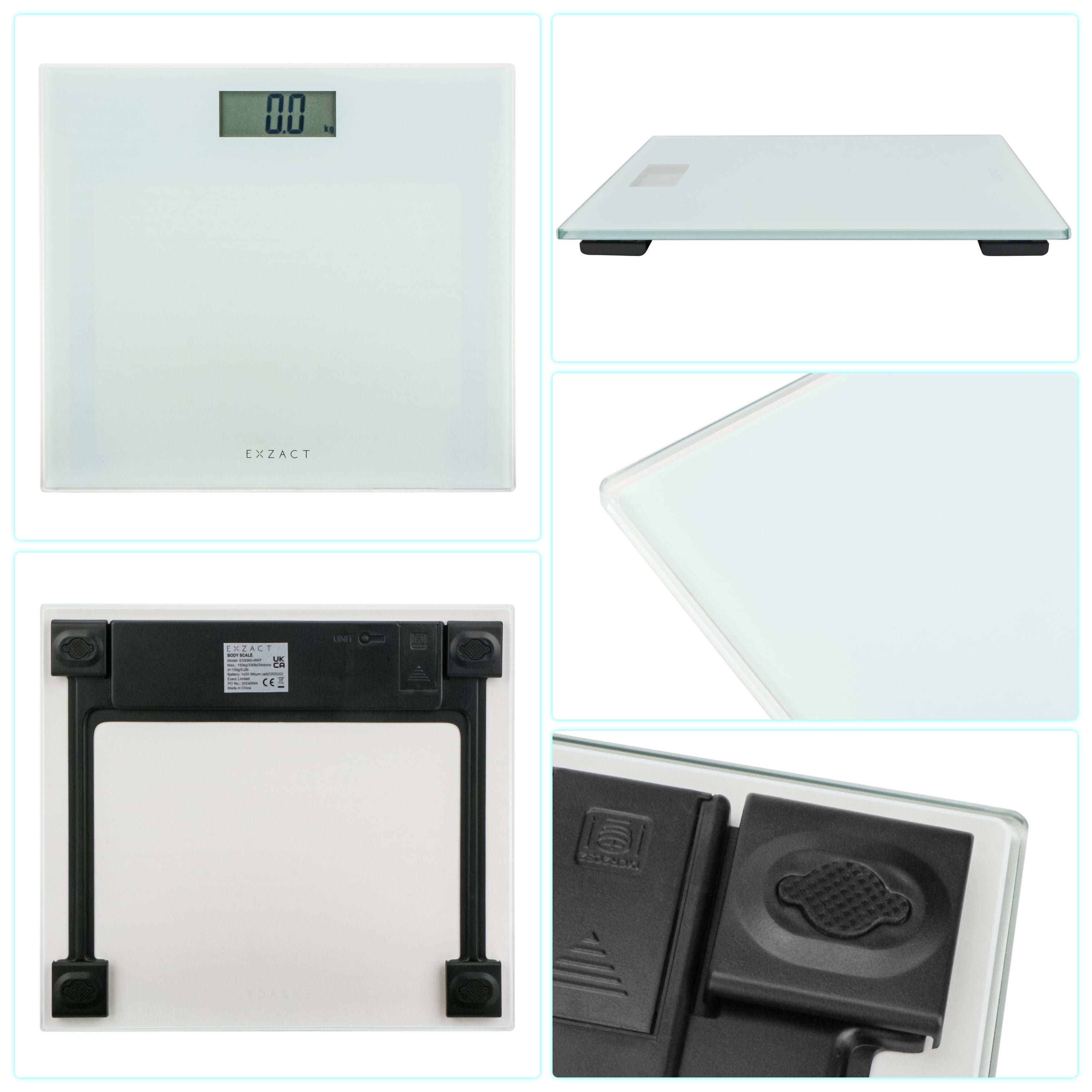 EXZACT Digital Bathroom Scale – 150kg/330lb, Metric & Imperial, White Glass