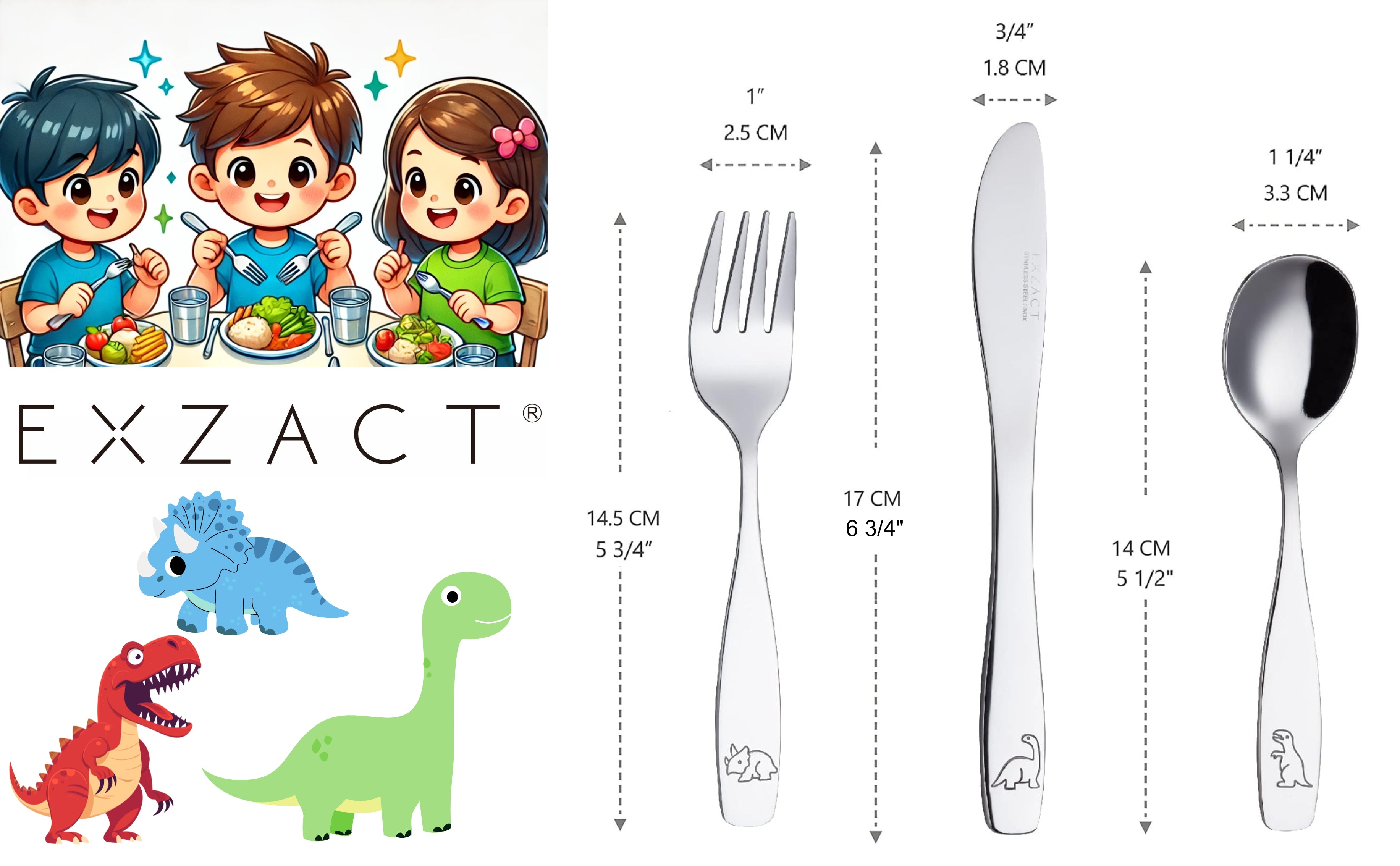Exzact Childrens Cutlery 9pcs Stainless Steel, Kid Cutlery/Todler Silverware