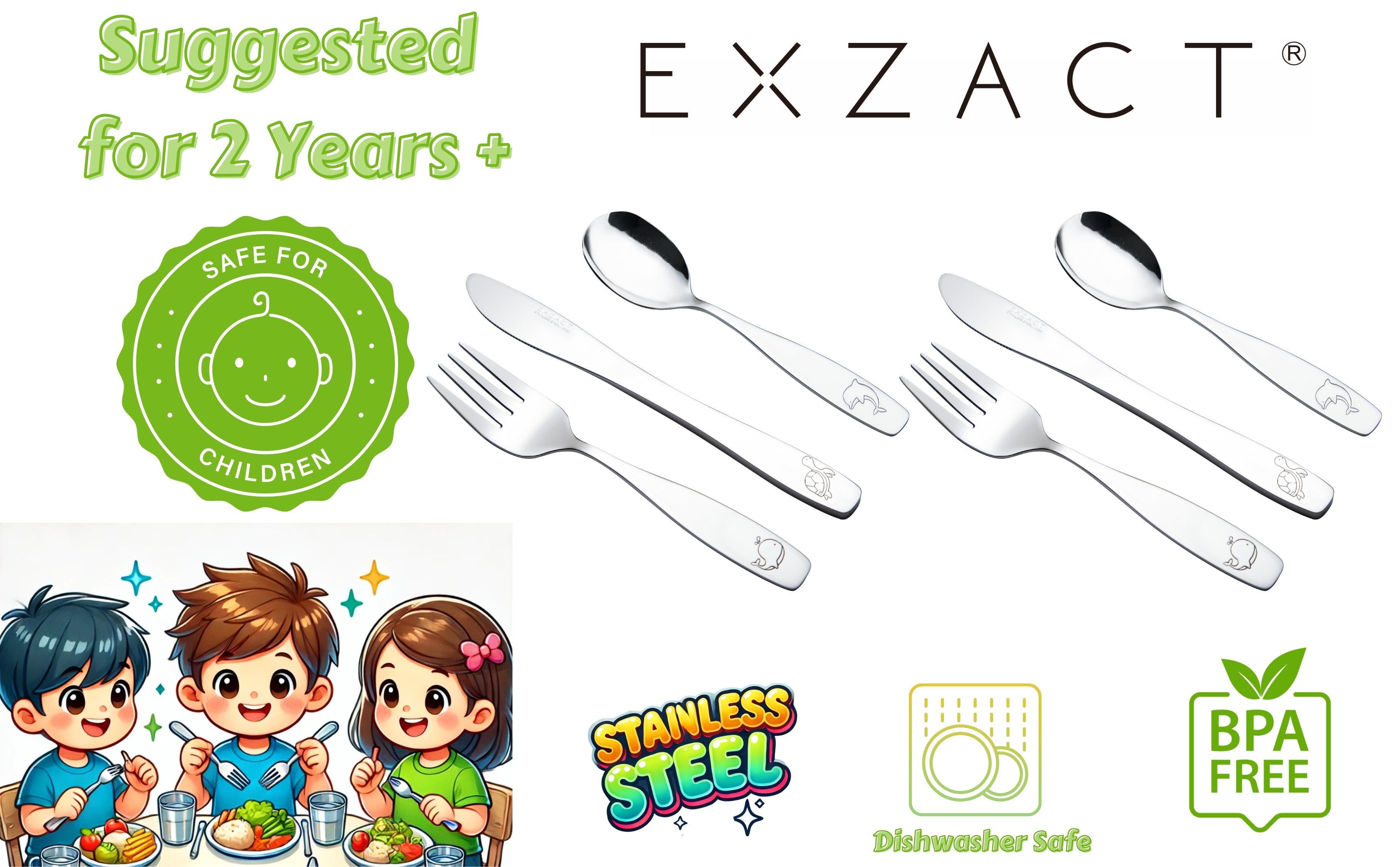Exzact Children's Cutlery Stainless Steel 6pcs Engraved Ocean Creatures Dolphin, Turtle, Whale