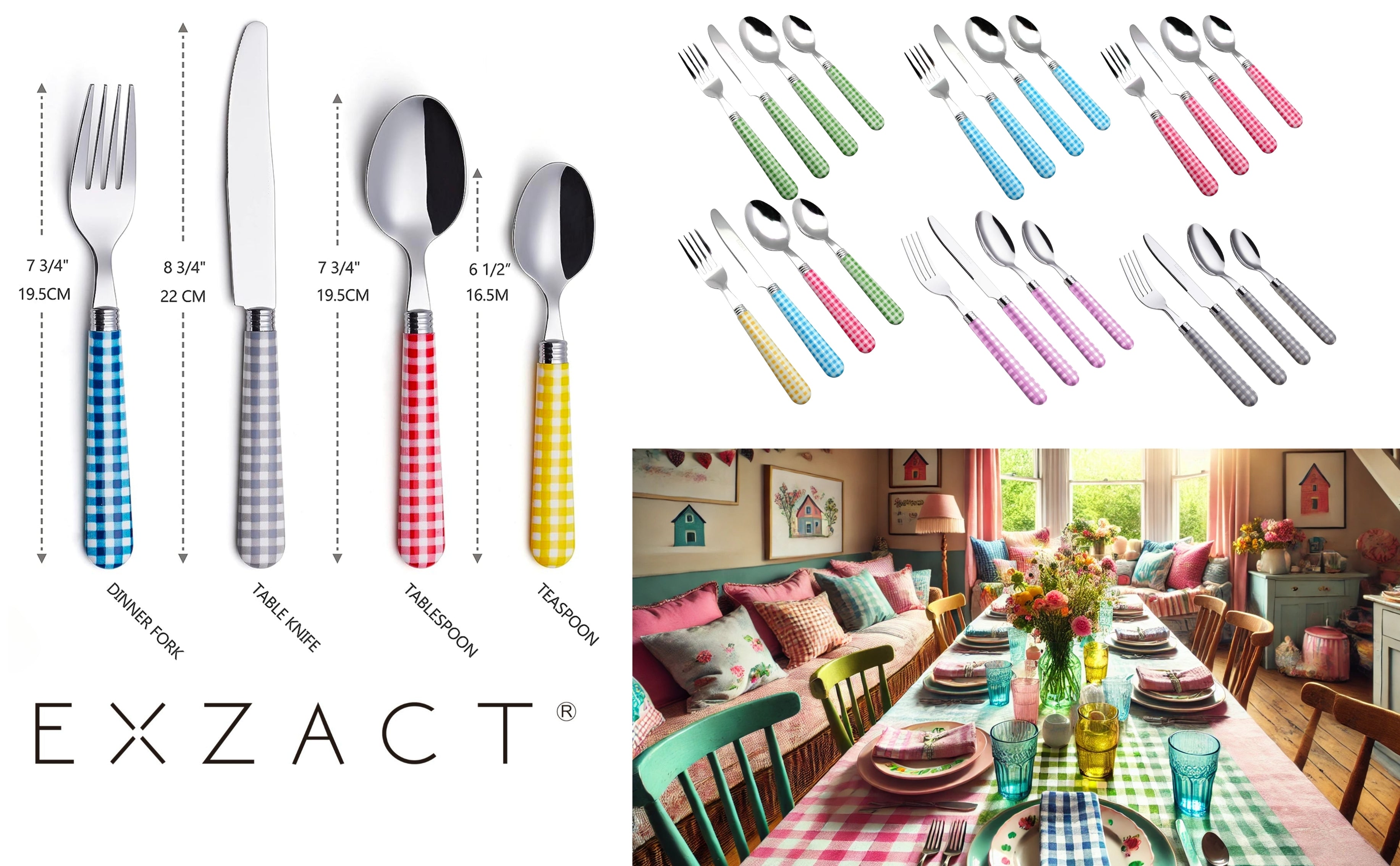 EXZACT Cutlery Set 24pcs Stainless Steel with Gingham Check Coloured Handles (Light Purple New)