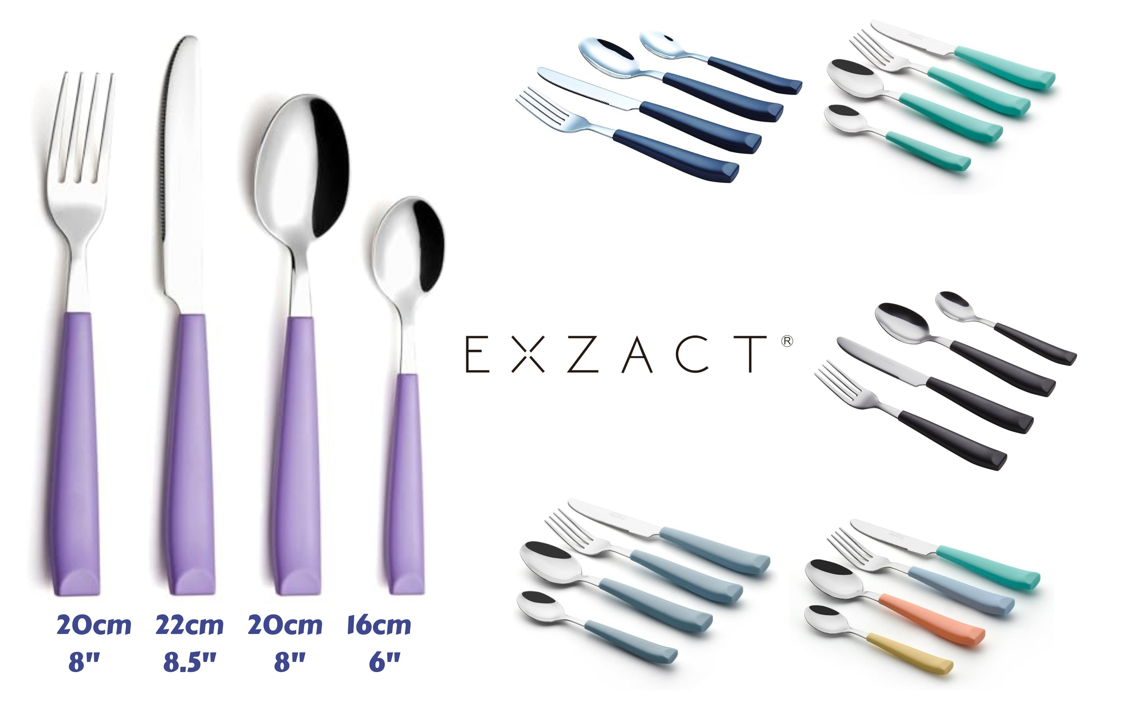 EXZACT Cutlery Set 24pcs Coloured - Stainless Steel with Vibrantly Coloured Plastic Wide Handles