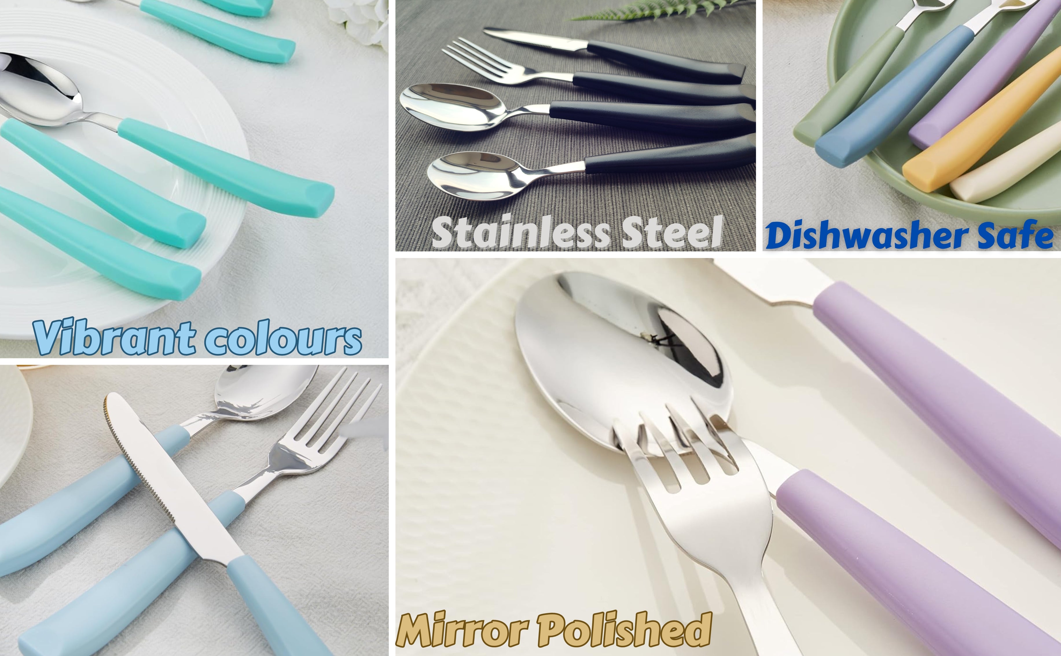 EXZACT Cutlery Set 24pcs Coloured - Stainless Steel with Vibrantly Coloured Plastic Wide Handles