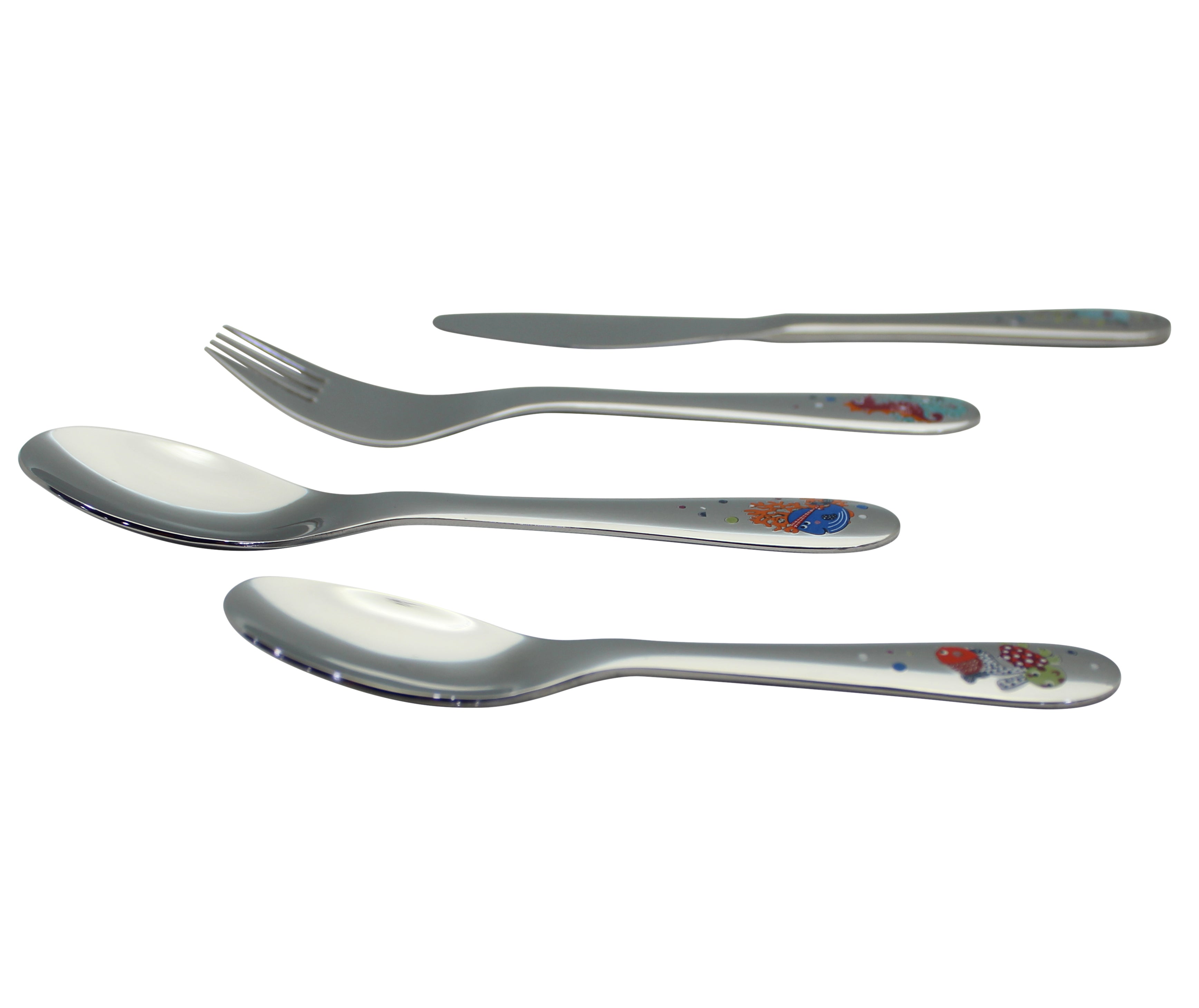 Exzact Children's Cutlery 4pcs Stainless Steel - 1 Fork, 1 Safe Dinner Knife, 1 Dinner Spoon, 1 Dessert Spoon