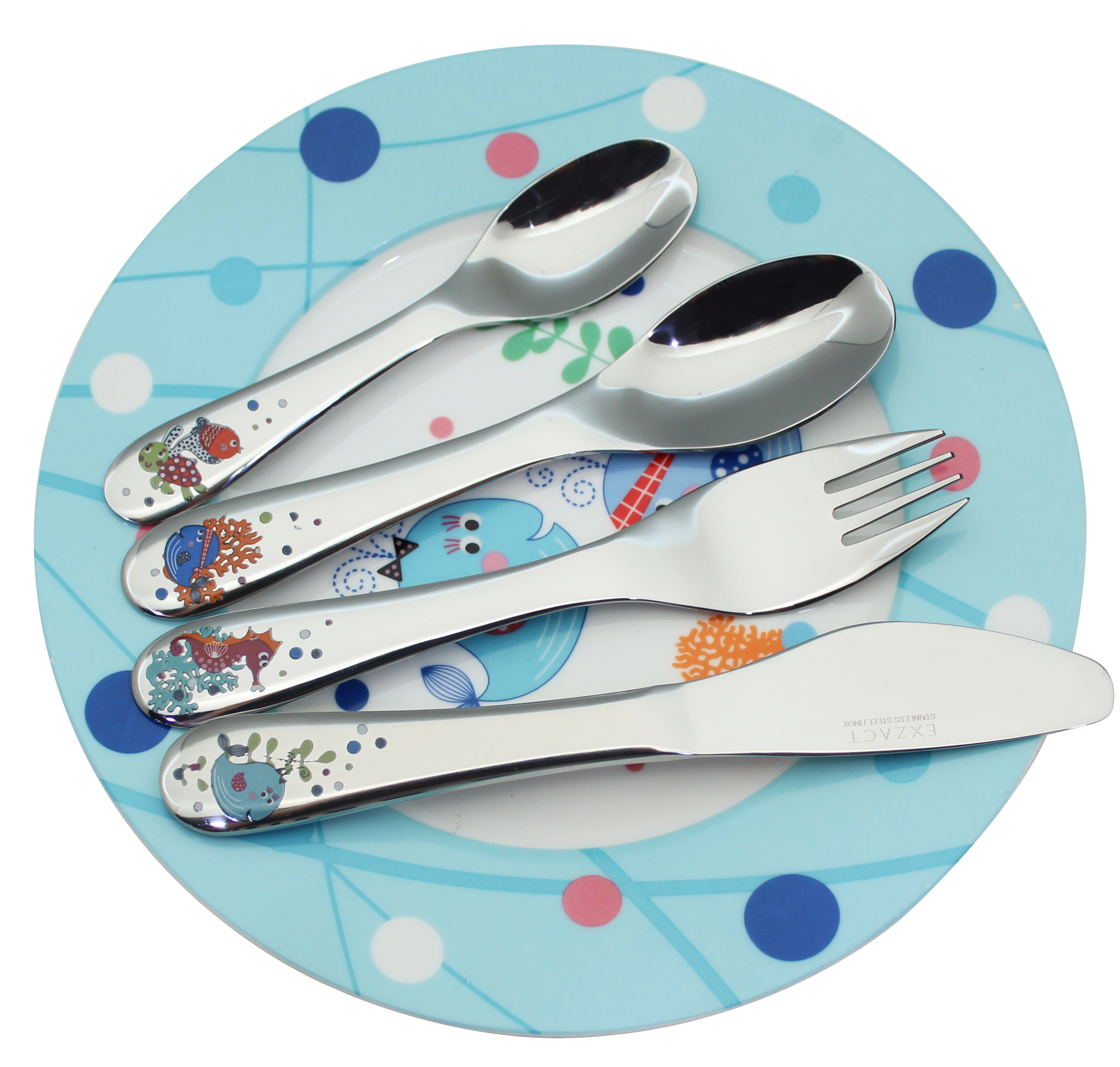 Exzact Children's Cutlery 4pcs Stainless Steel - 1 Fork, 1 Safe Dinner Knife, 1 Dinner Spoon, 1 Dessert Spoon
