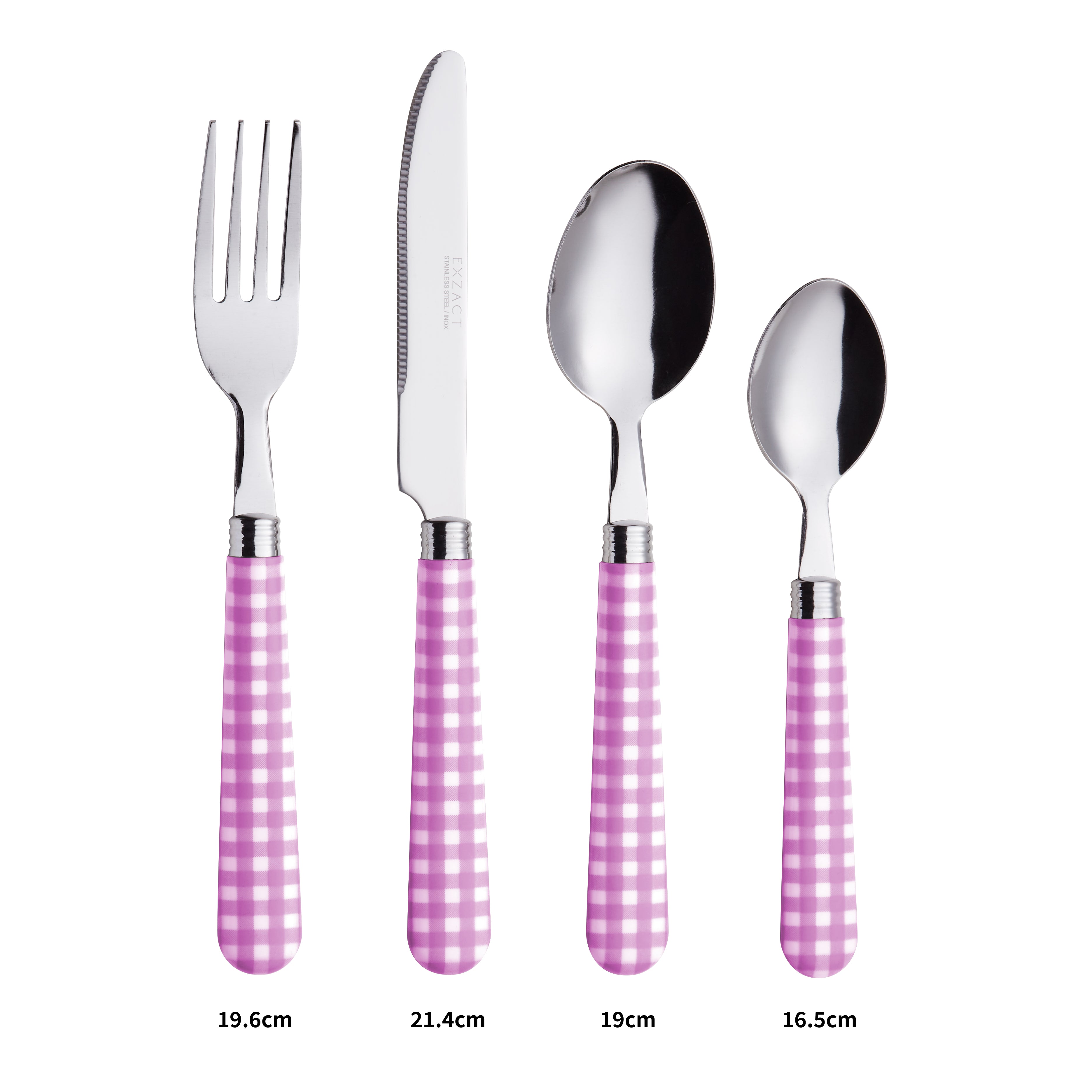 EXZACT Cutlery Set 24pcs Stainless Steel with Gingham Check Coloured Handles (Light Purple New)