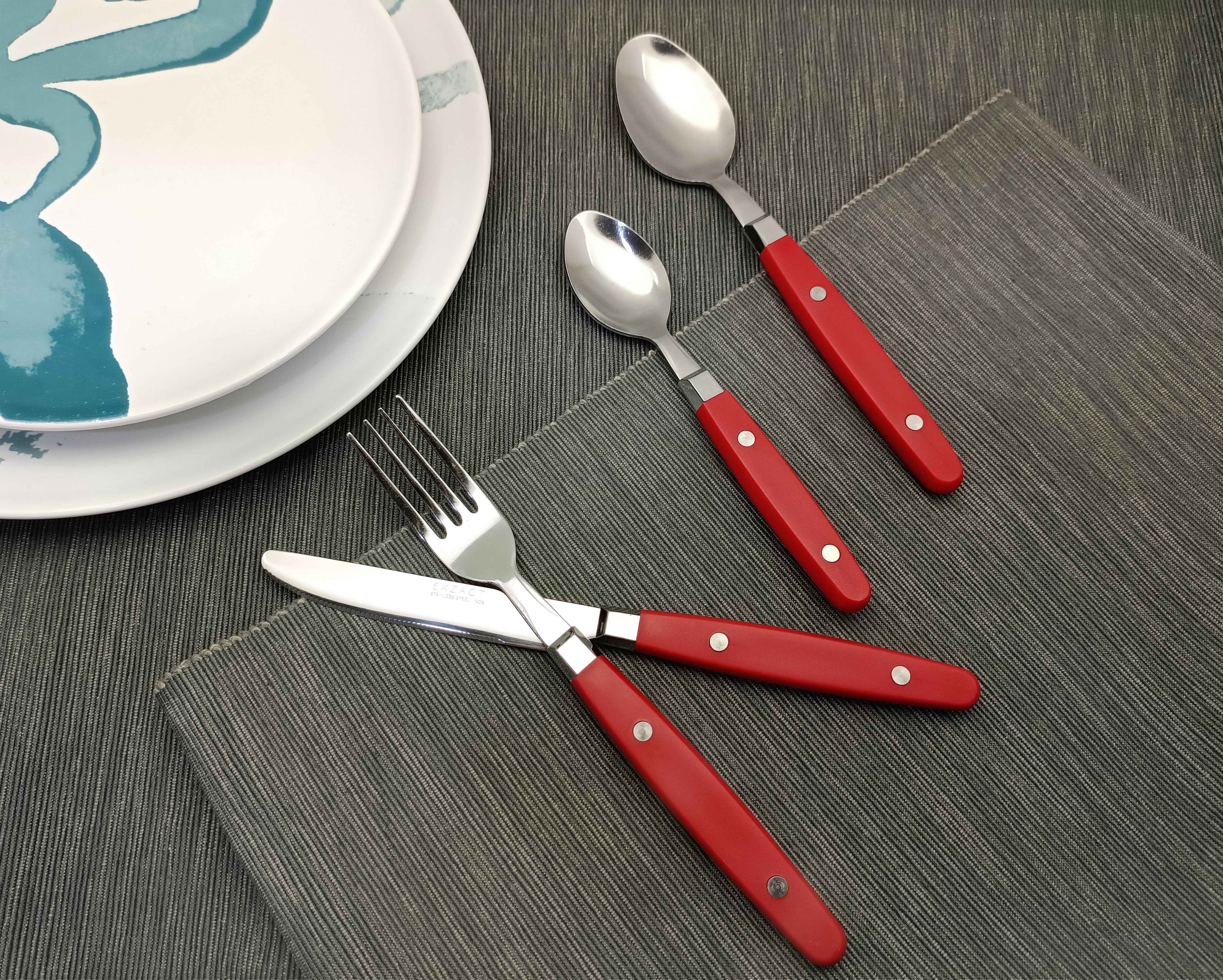 EXZACT Cutlery Set 24pcs Stainless Steel - with Rivet Craft Handles/Retro Style Flatware