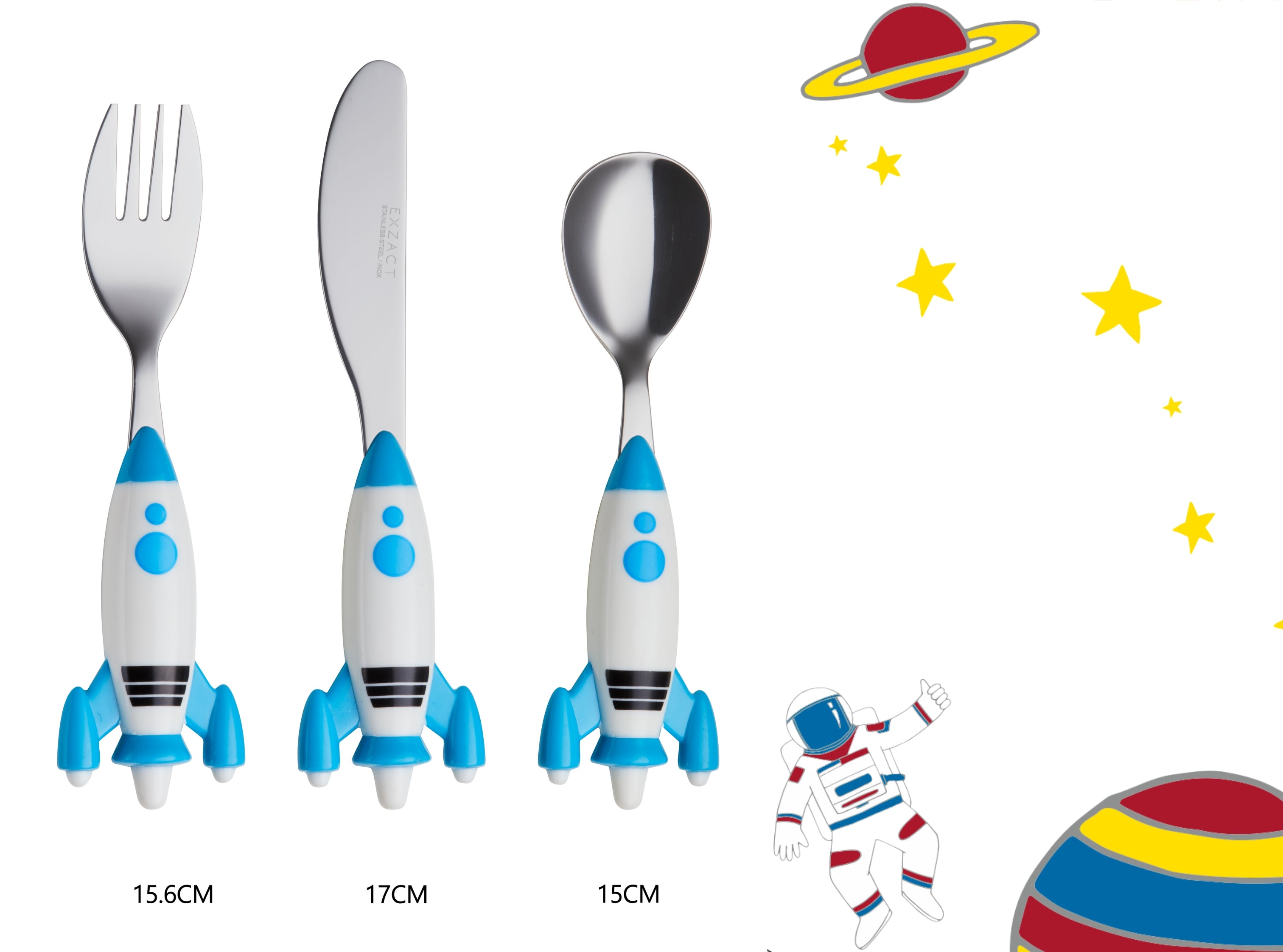 Exzact Childrens Cutlery 3pcs Set Stainless Steel/Kids Flatware (Spaceship)