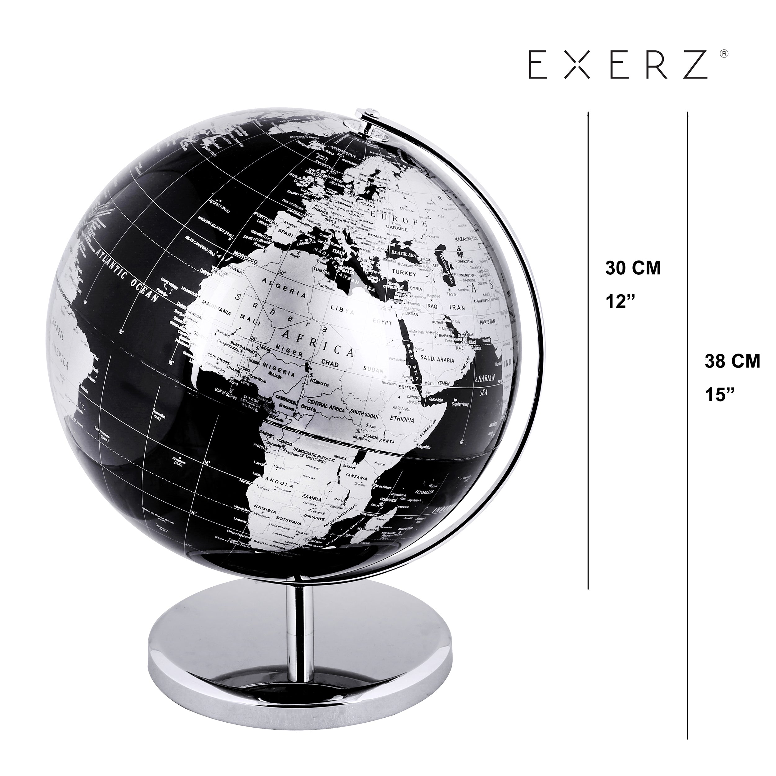 Exerz World Globe With a Metal Base- Metallic Black