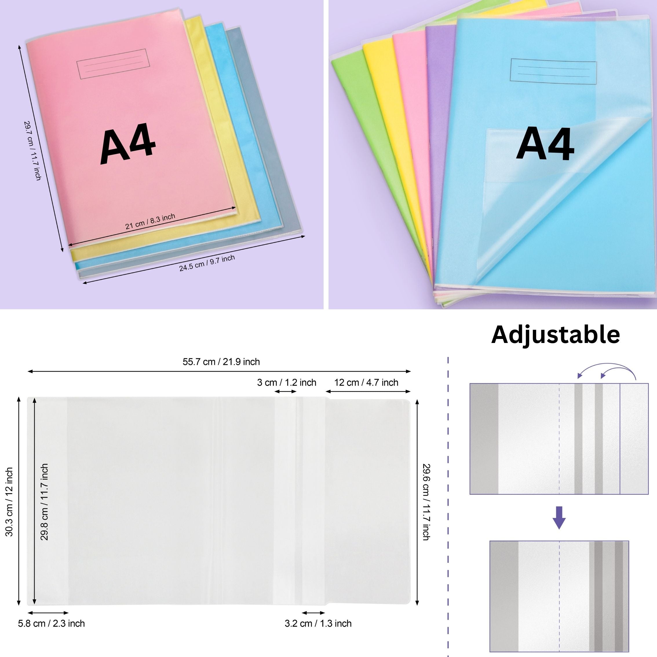 EXERZ A4 Book Covers 20 Pack Matt PVC Adjustable Sleeves for Notebooks