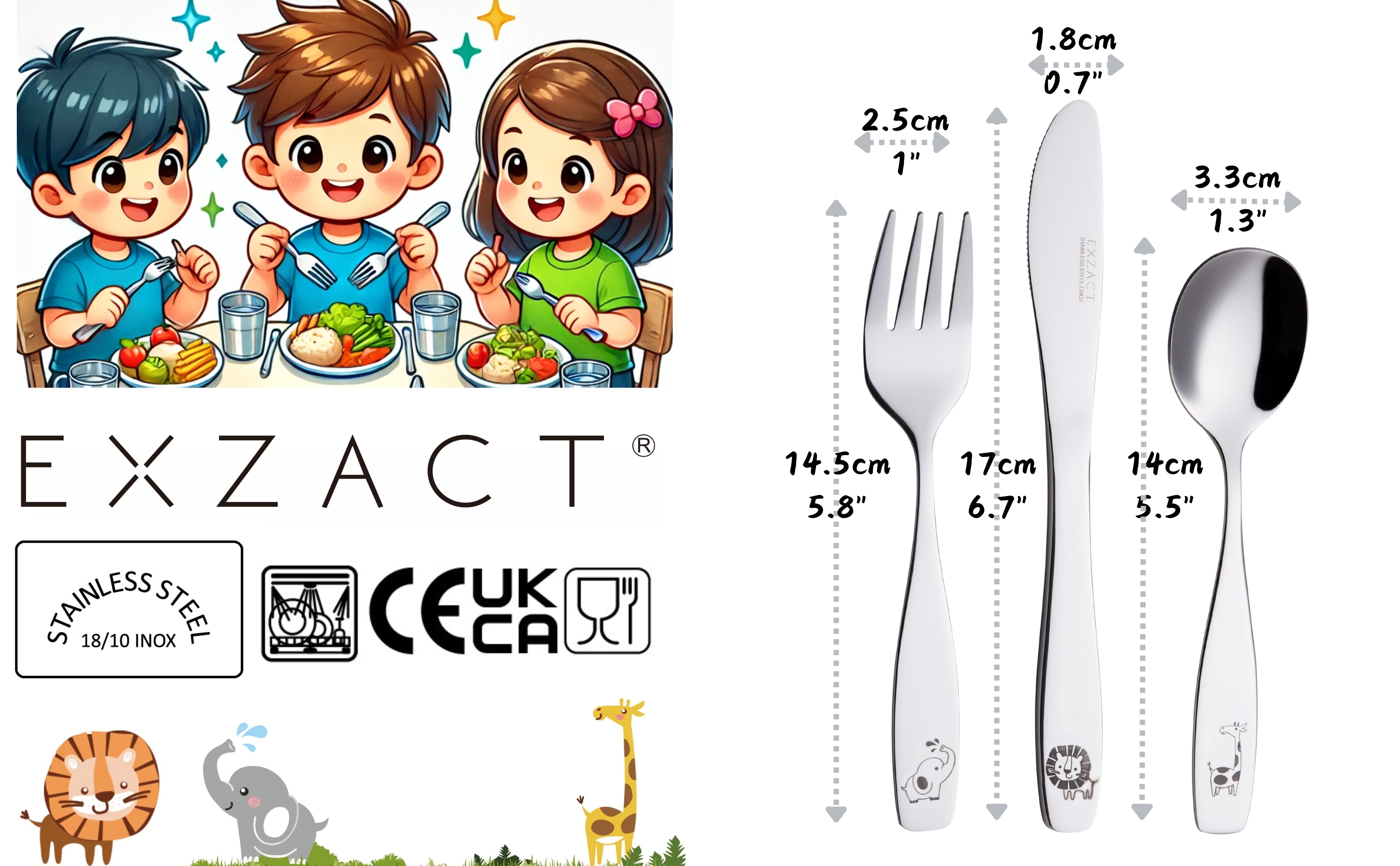 Exzact Children's Cutlery 6pcs Stainless Steel - Safari -Giraffe Elephant Lion