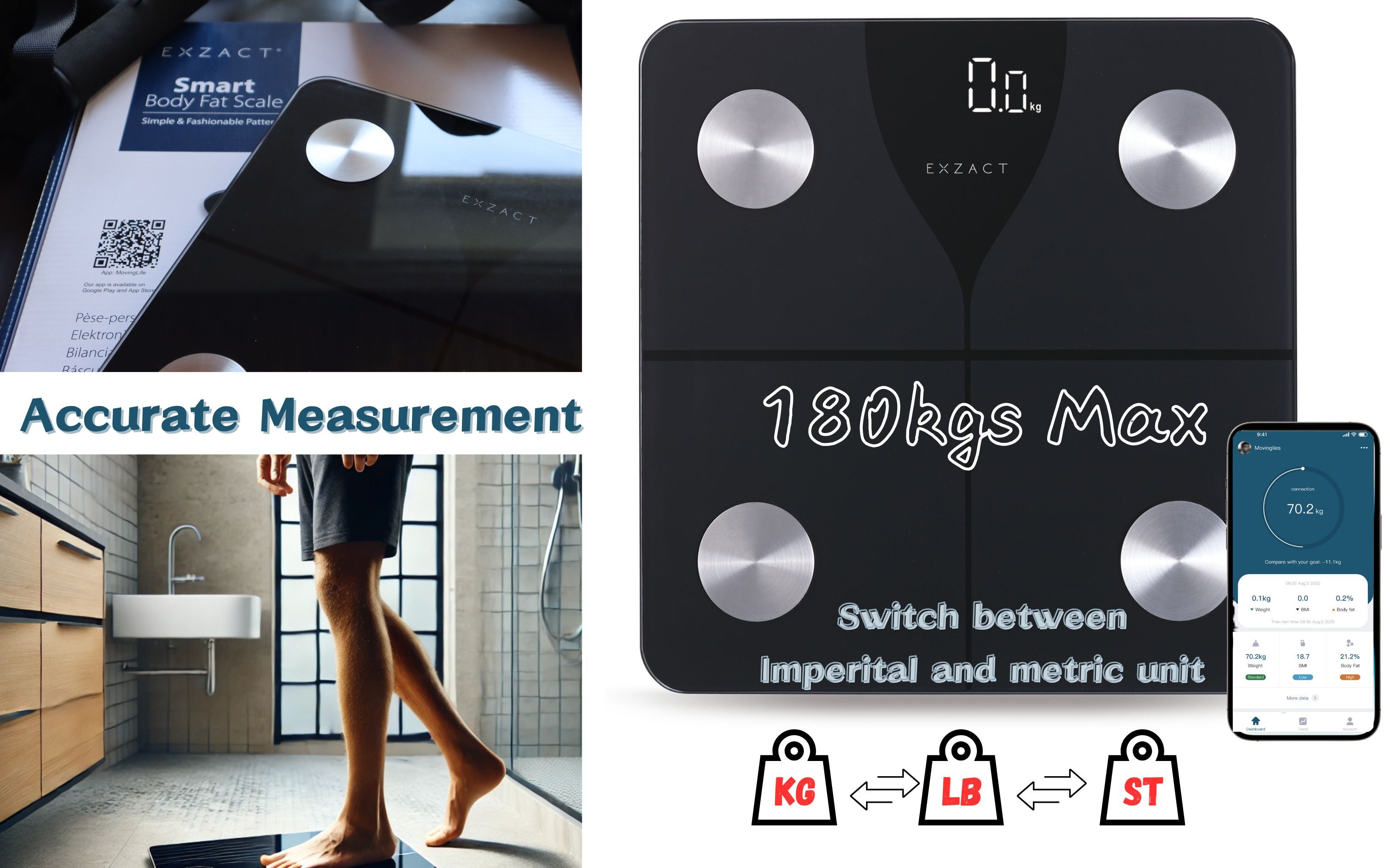 EXZACT Smart Digital Bathroom Scale – Bluetooth iOS/Android, 180kg, Body Fat