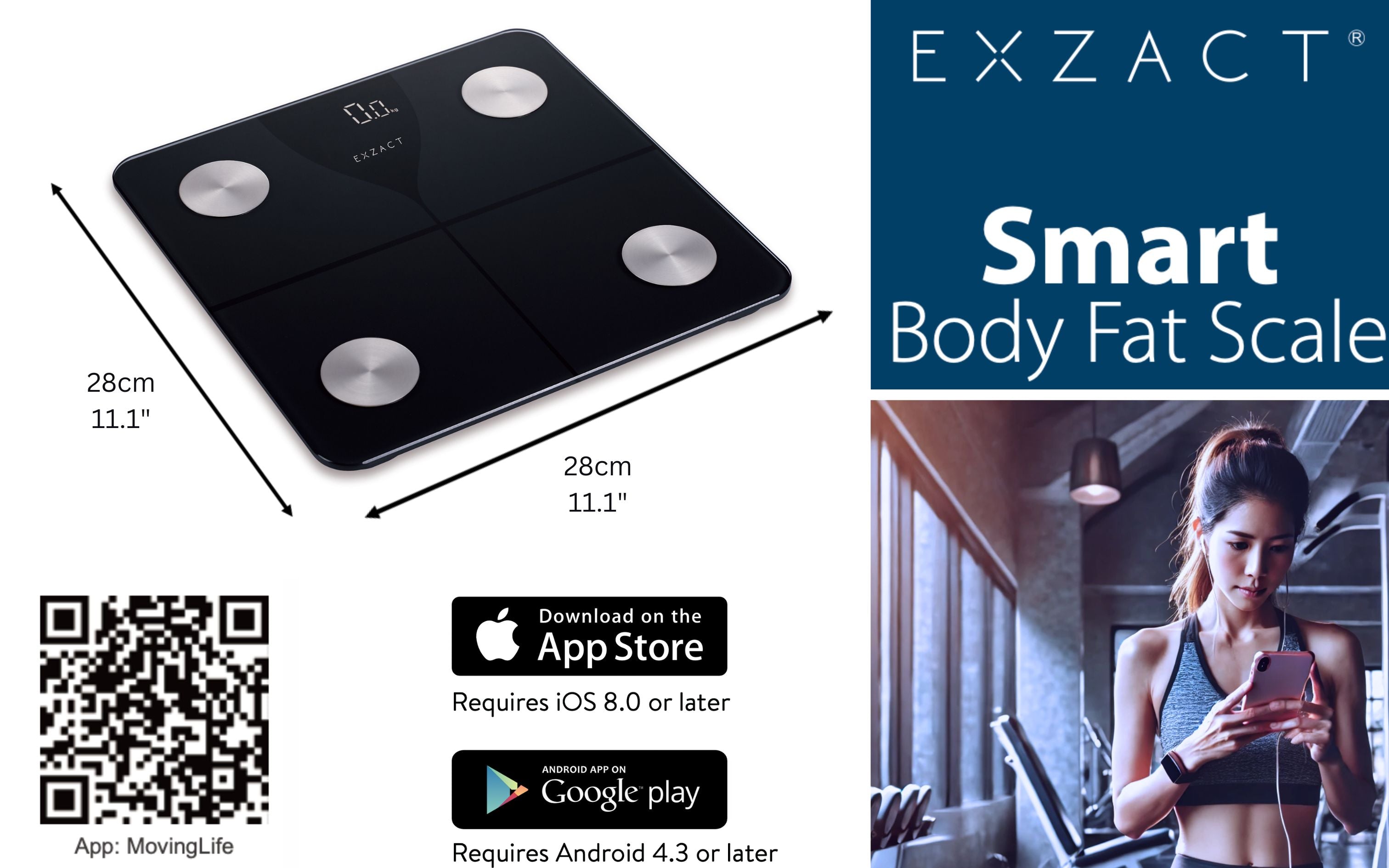 EXZACT Smart Digital Bathroom Scale – Bluetooth iOS/Android, 180kg, Body Fat