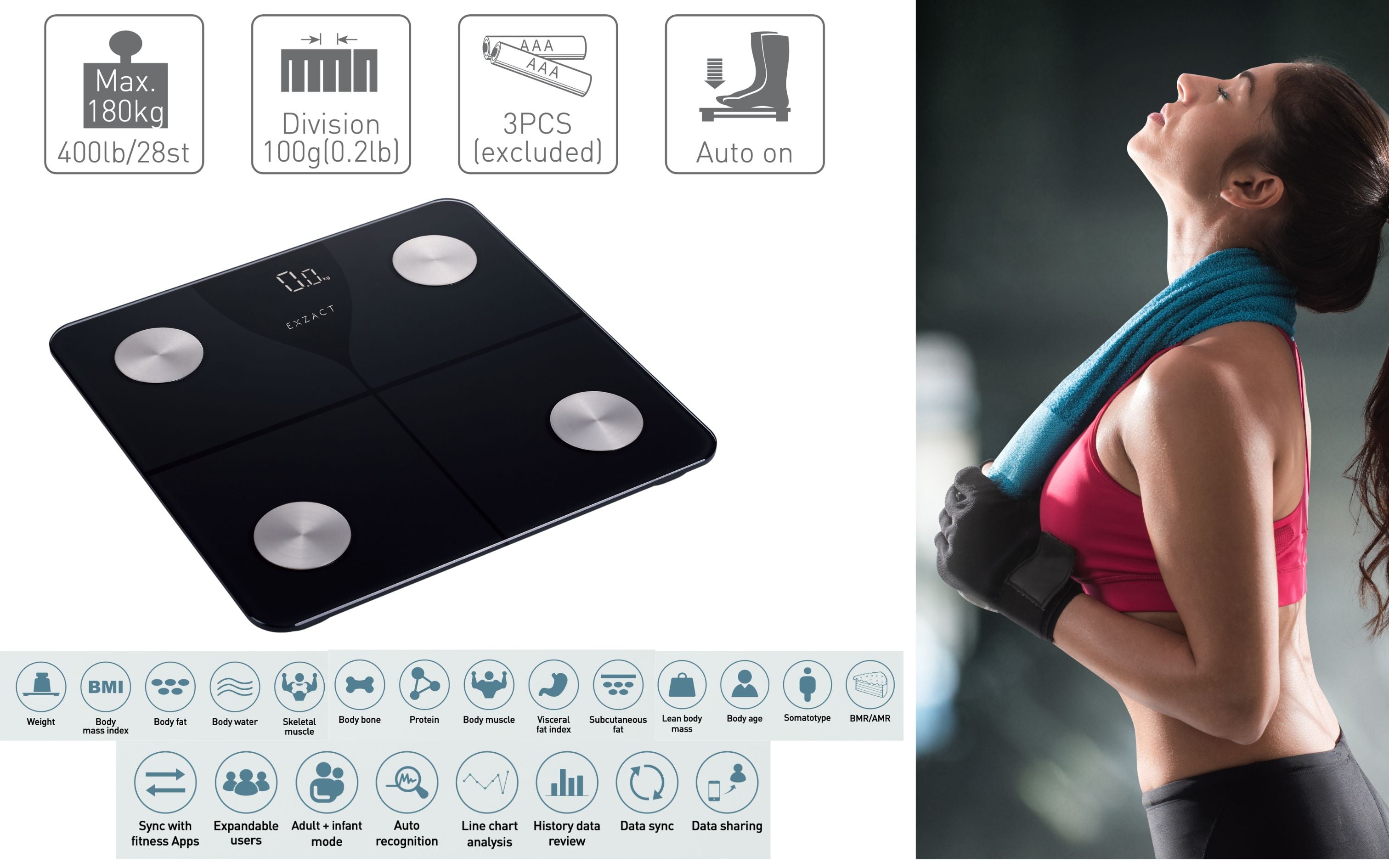 EXZACT Smart Digital Bathroom Scale – Bluetooth iOS/Android, 180kg, Body Fat