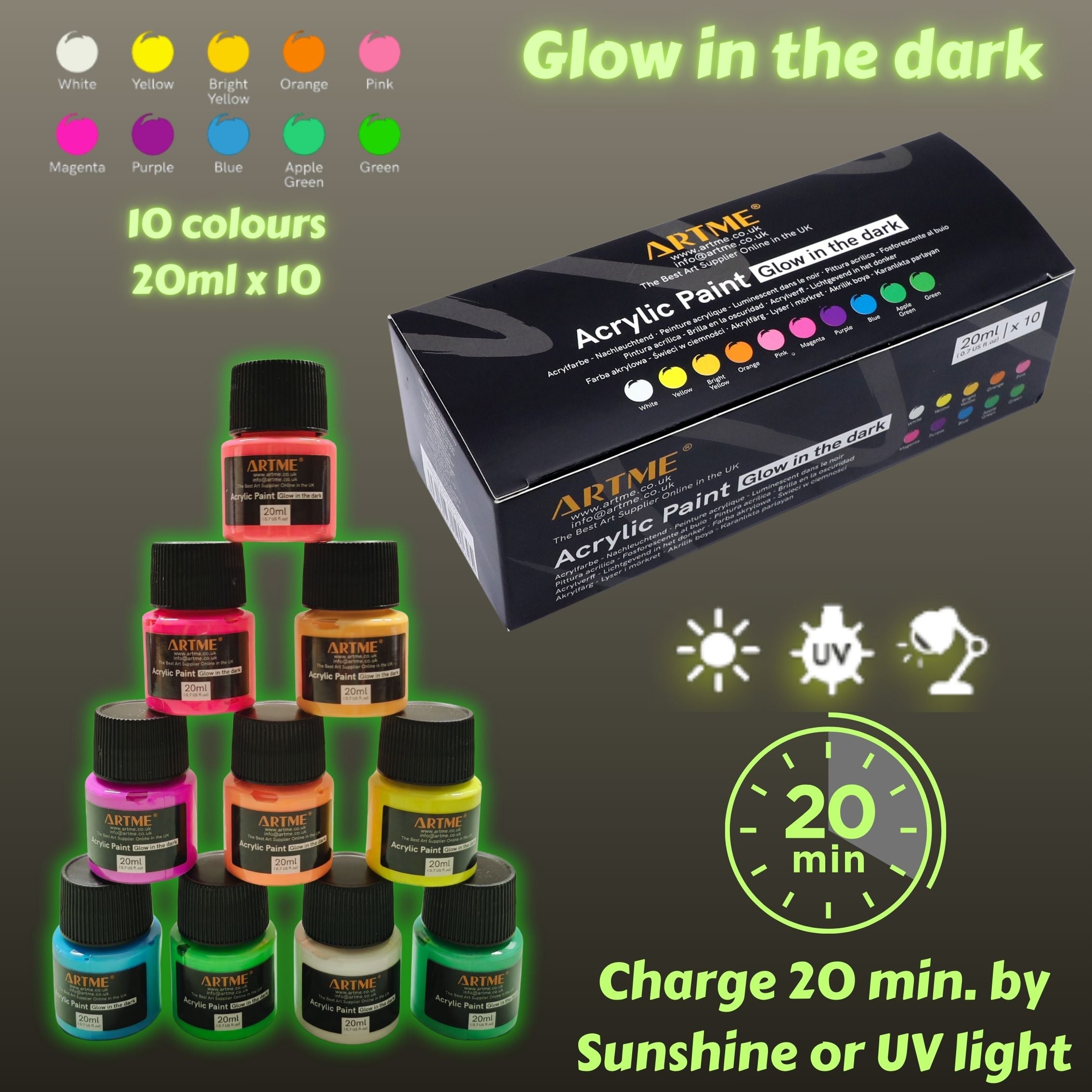 Artme Glow in the Dark Acrylic Paint Set – 10 Neon Colours x 20ml Tubes