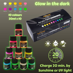 Artme Glow in the Dark Acrylic Paint Set – 10 Neon Colours x 20ml Tubes