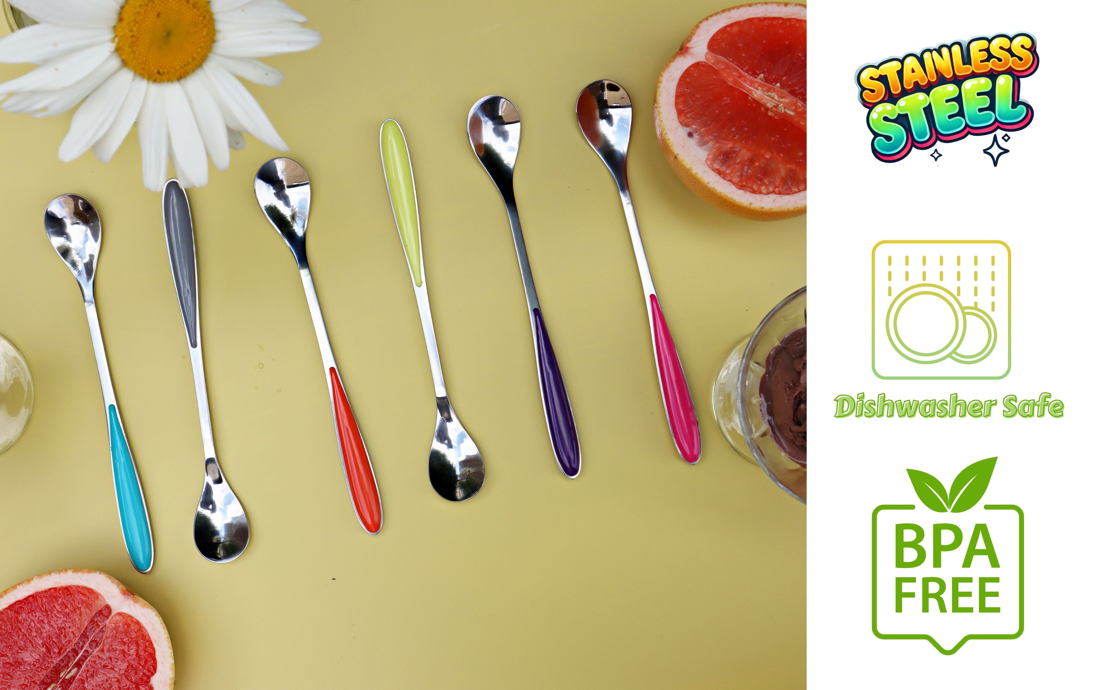 Exzact Ice-Cream Sundae Spoon 6pcs Stainless Steel Assorted Colours