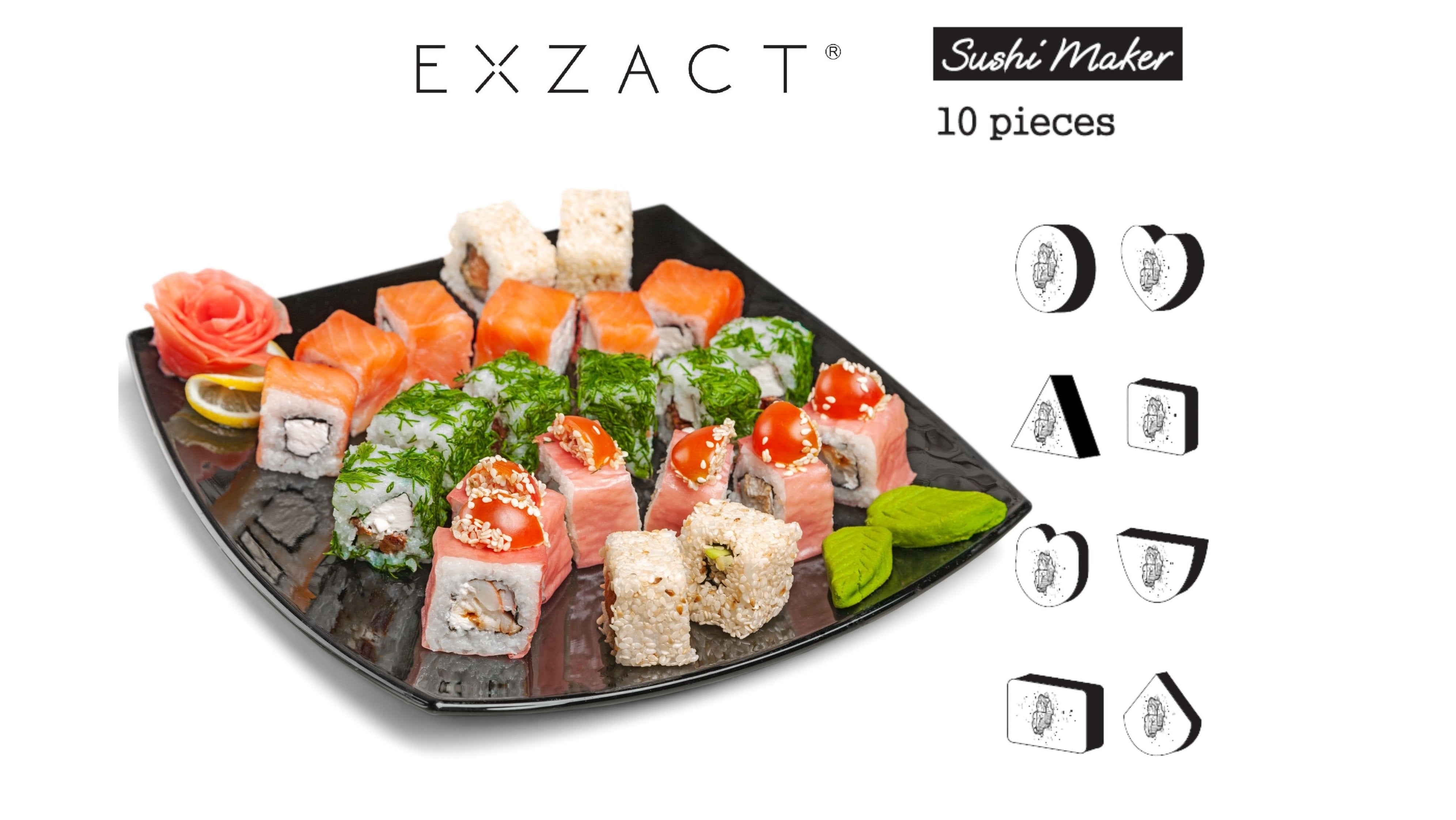 EXZACT Sushi Maker Kit 10pcs, Rice Roll Mould Set 5 Unique Shapes