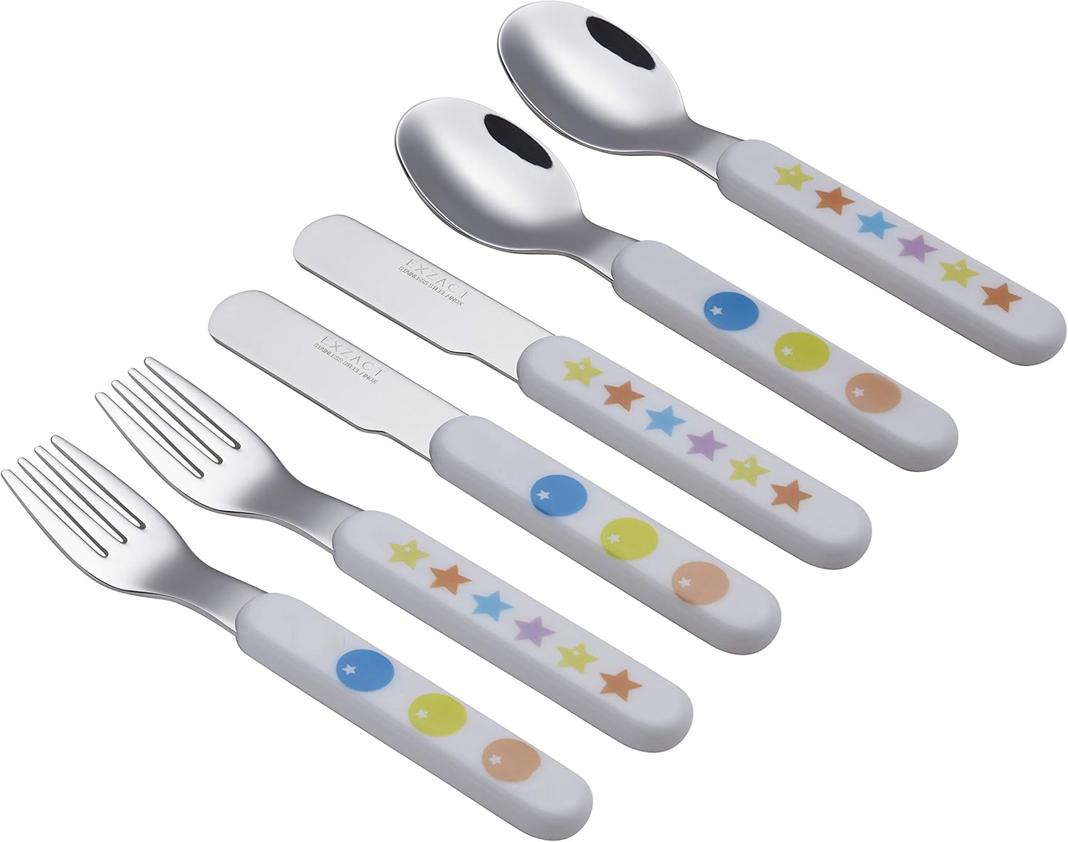 EXZACT Kids Cutlery 6pcs - Forks,Safety Knives,Dinner Spoons - Stars & Dots