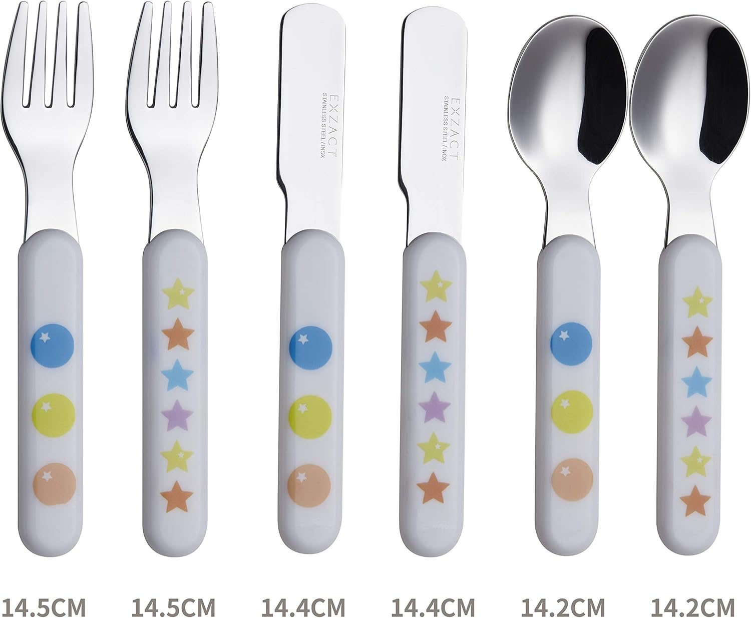 EXZACT Kids Cutlery 6pcs - Forks,Safety Knives,Dinner Spoons - Stars & Dots