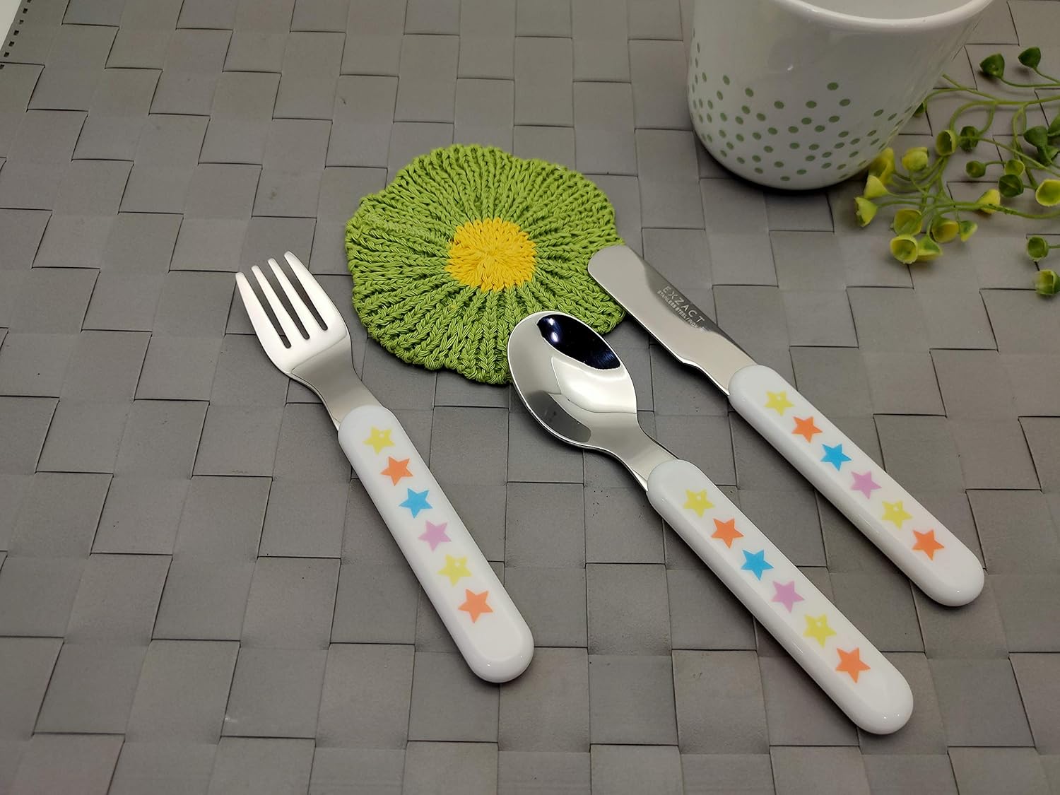 EXZACT Kids Cutlery 6pcs - Forks,Safety Knives,Dinner Spoons - Stars & Dots