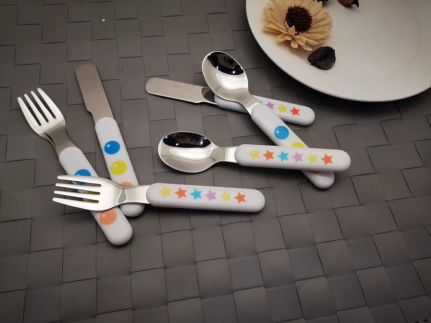 EXZACT Kids Cutlery 6pcs - Forks,Safety Knives,Dinner Spoons - Stars & Dots