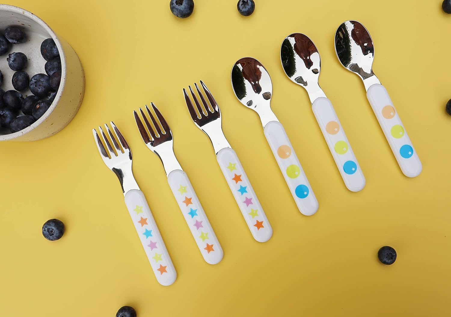 EXZACT Kids Cutlery 6pcs - Forks,Safety Knives,Dinner Spoons - Stars & Dots