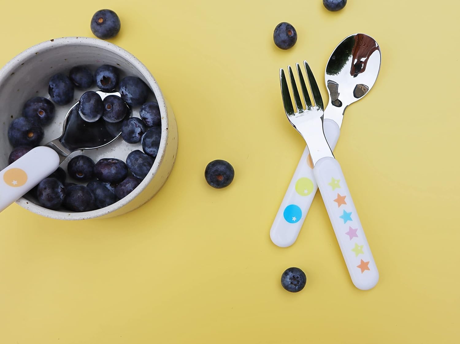 EXZACT Kids Cutlery 6pcs - Forks,Safety Knives,Dinner Spoons - Stars & Dots