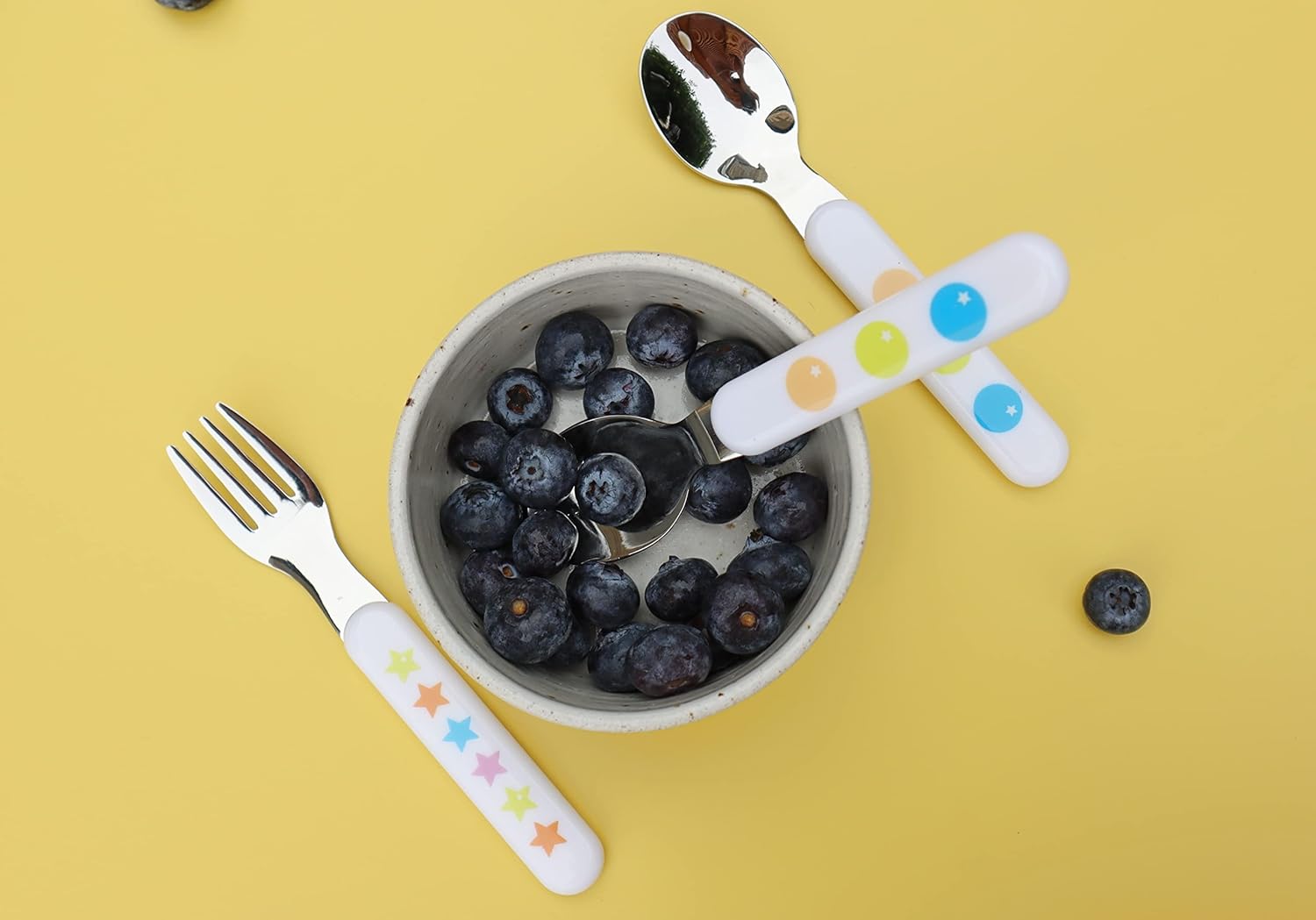 EXZACT Kids Cutlery 6pcs - Forks,Safety Knives,Dinner Spoons - Stars & Dots