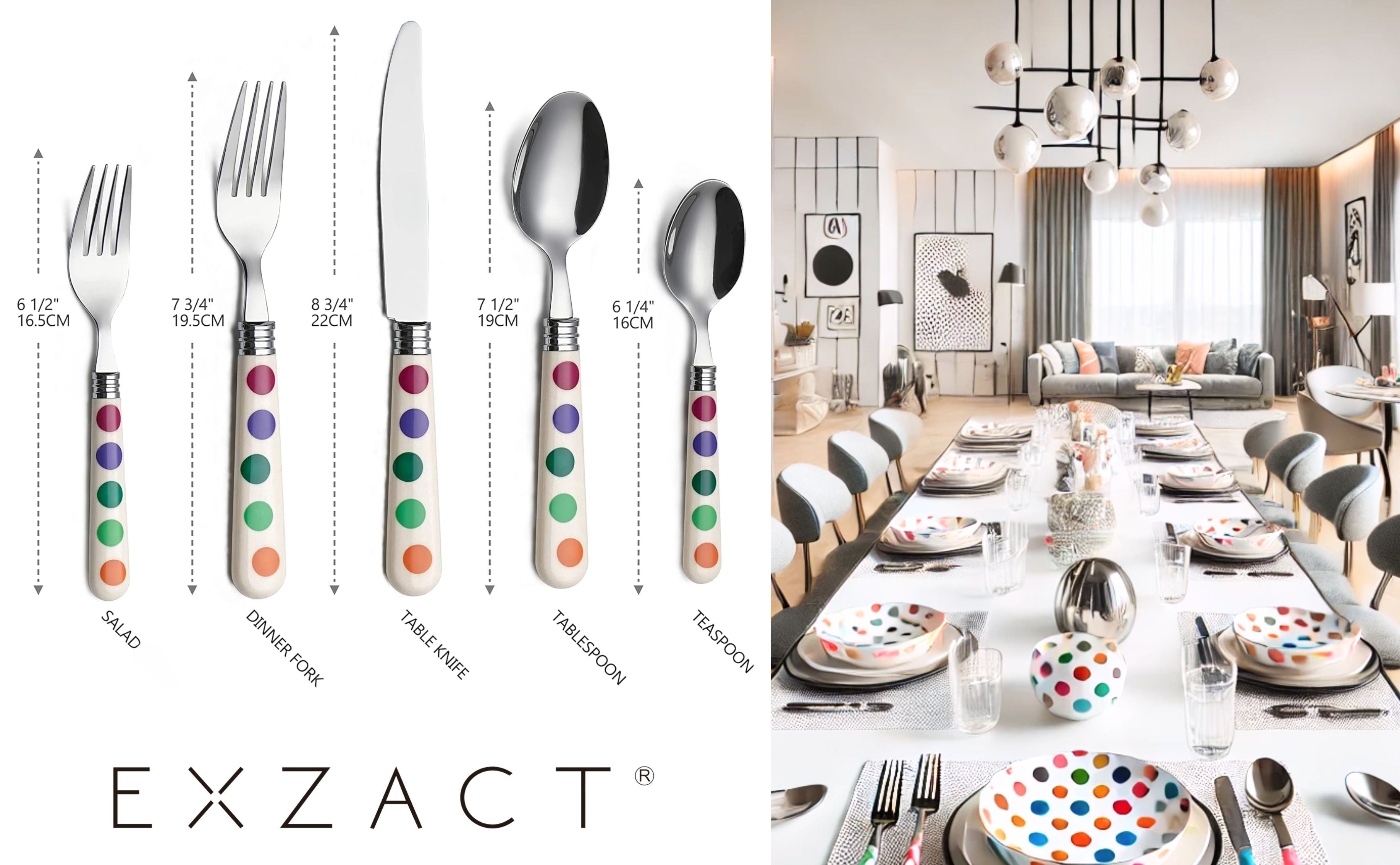 Exzact Cutlery Set 20pcs Polka Dot, Stainless Steel Mirror Polished, Service for 4