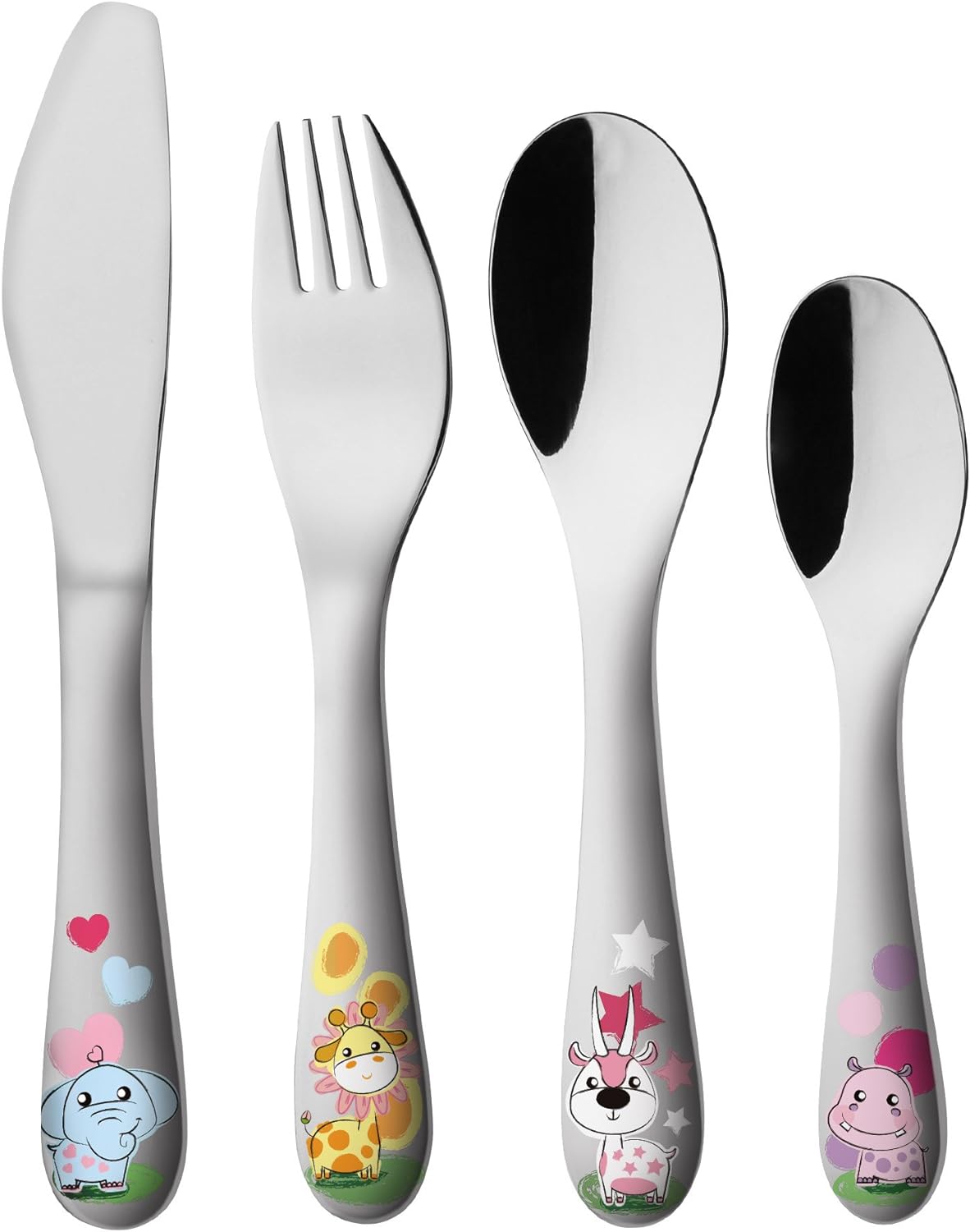 Exzact Children's Cutlery 4pcs Stainless Steel - 1 Fork, 1 Safe Dinner Knife, 1 Dinner Spoon, 1 Dessert Spoon