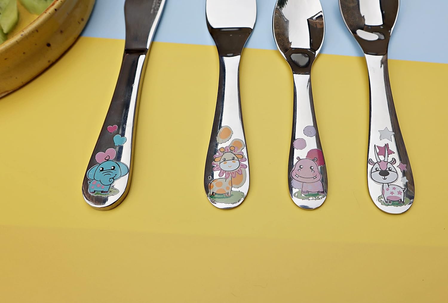 Exzact Children's Cutlery 4pcs Stainless Steel - 1 Fork, 1 Safe Dinner Knife, 1 Dinner Spoon, 1 Dessert Spoon
