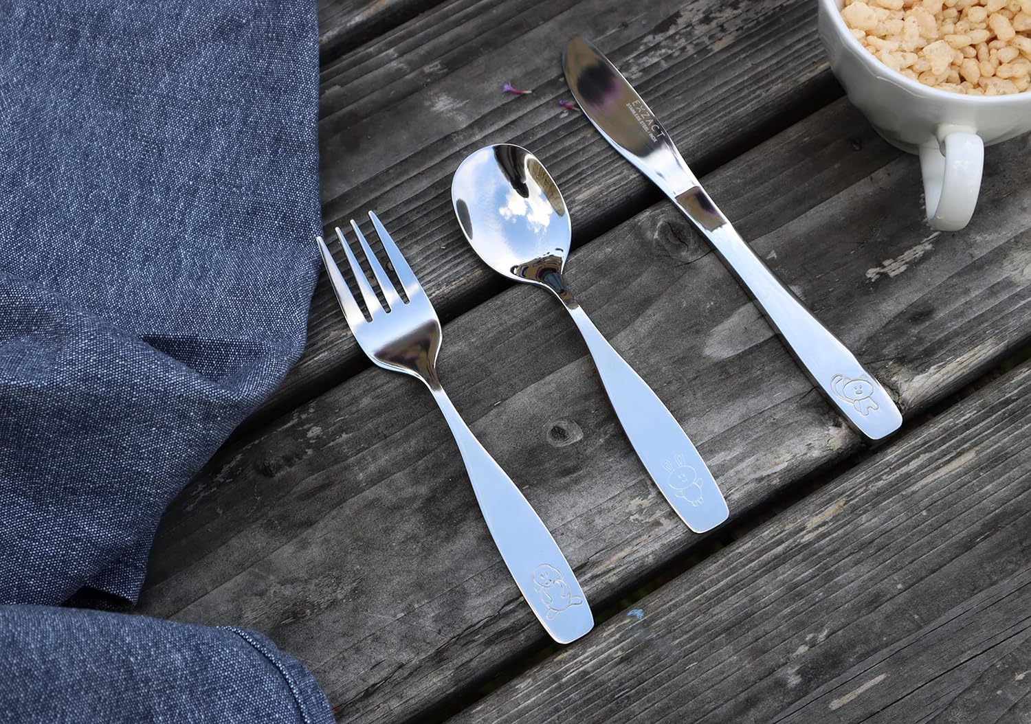 Exzact Children's Cutlery Stainless Steel 3pcs Set - Engraved Design (Dog Cat Bunny x 3)