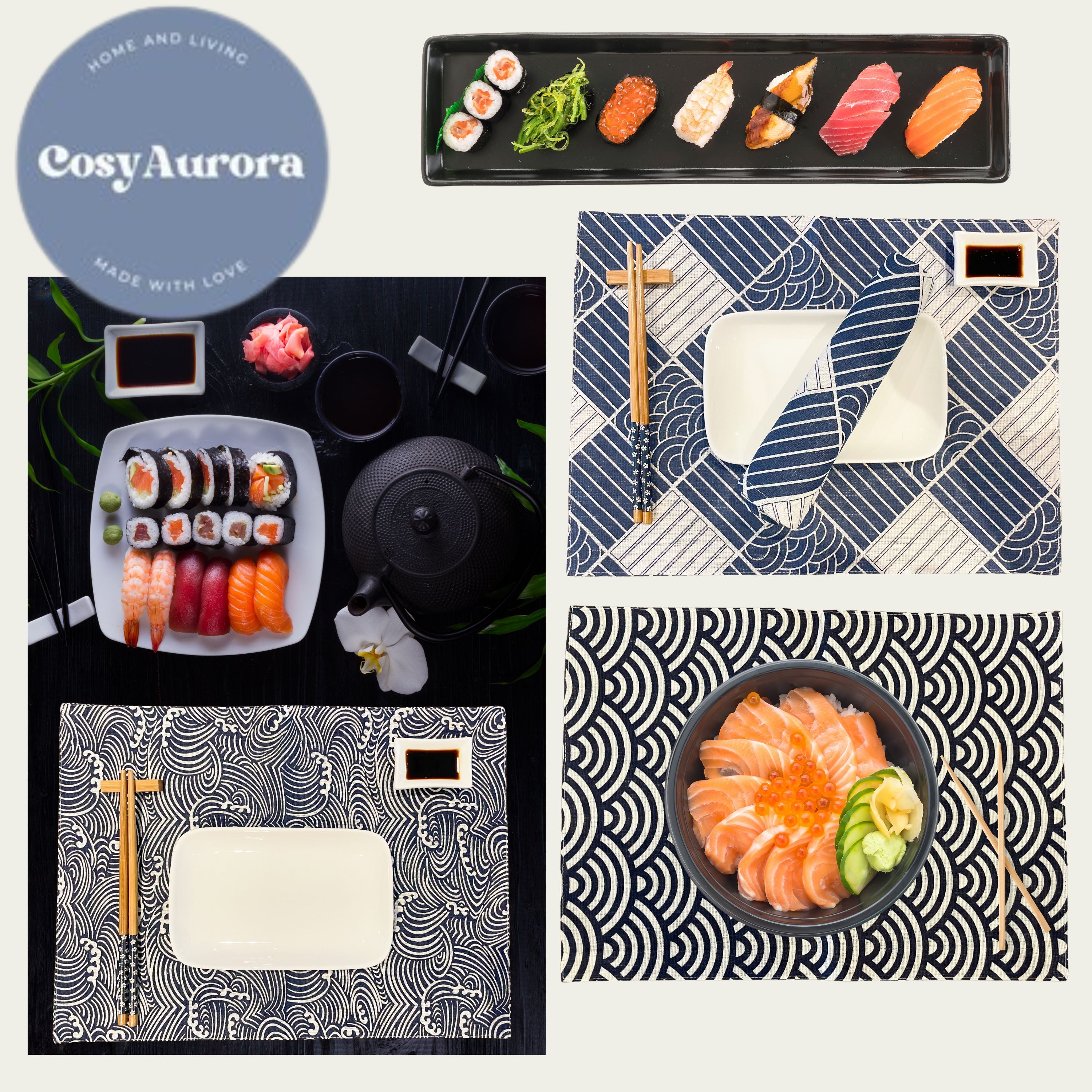 CosyAurora Placemats 30 x 40 cm Navy Blue Ocean Waves for Dining Table, Set of 4