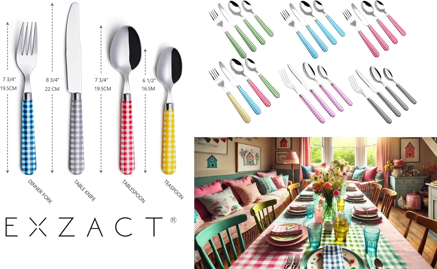 EXZACT Cutlery Set 24pcs Stainless Steel with Gingham Check Coloured Handles