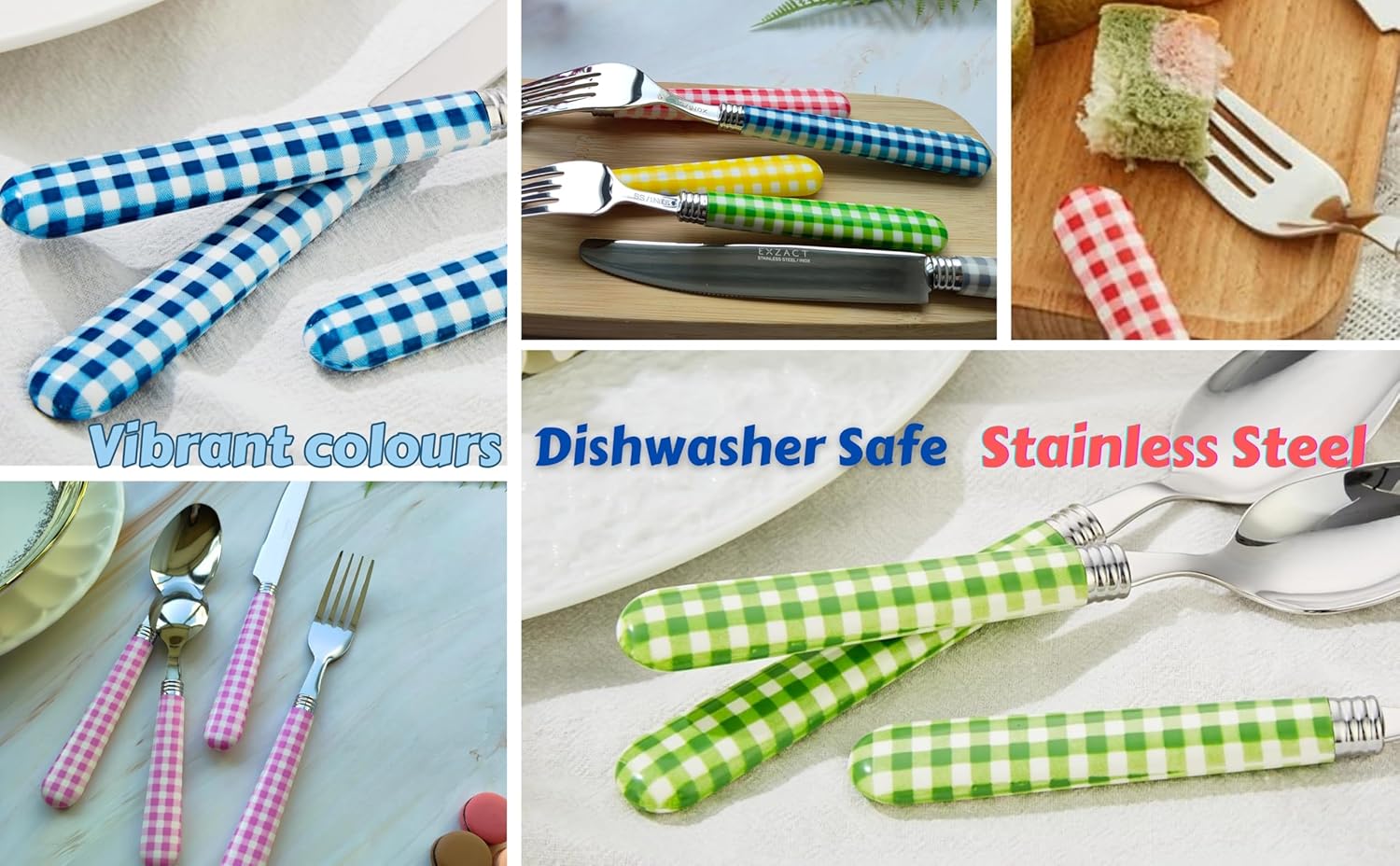 EXZACT Cutlery Set 24pcs Stainless Steel with Gingham Check Coloured Handles