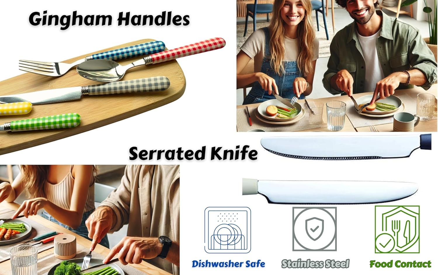 EXZACT Cutlery Set 24pcs Stainless Steel with Gingham Check Coloured Handles