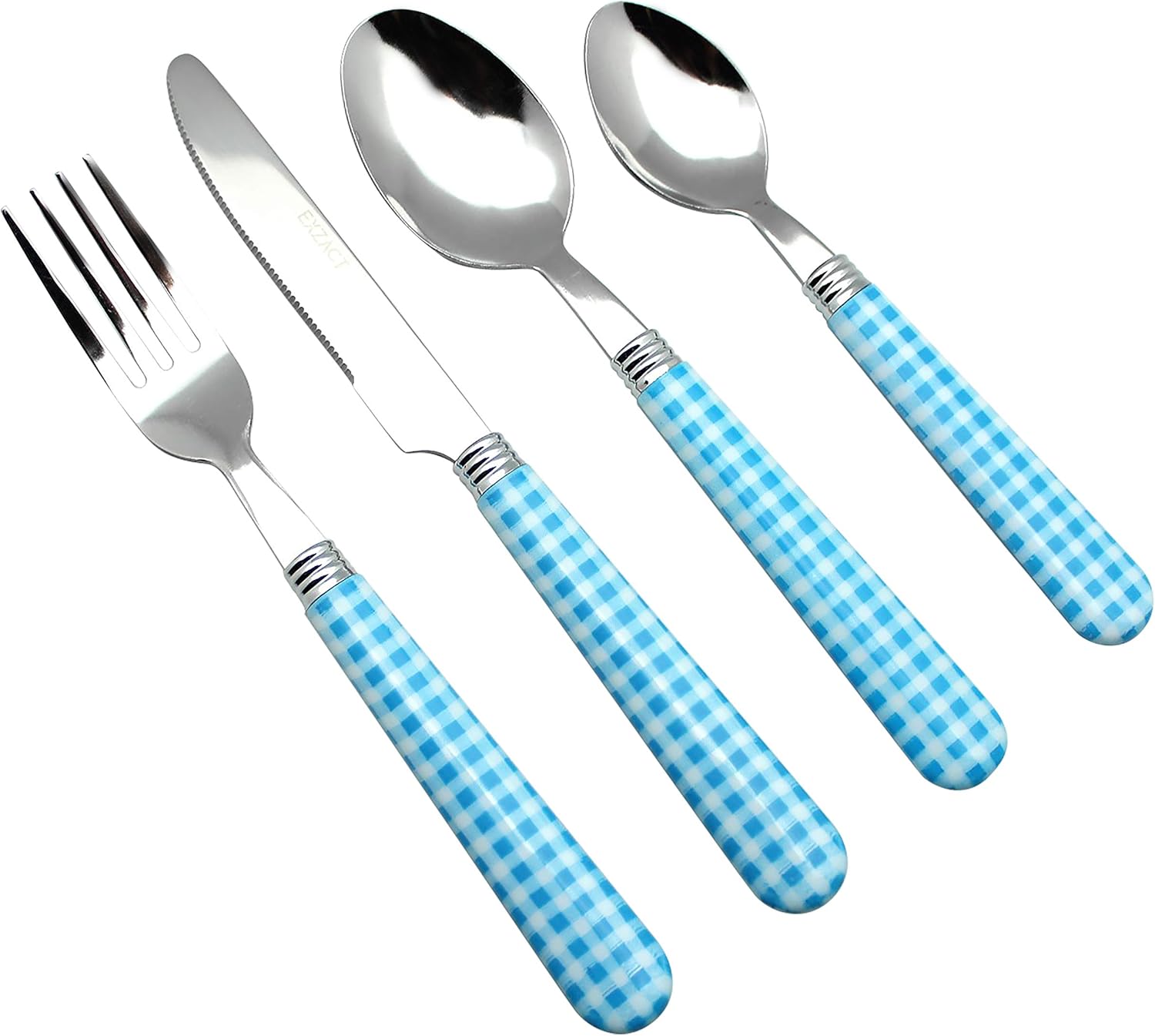 EXZACT Cutlery Set 24pcs Stainless Steel with Gingham Check Coloured Handles