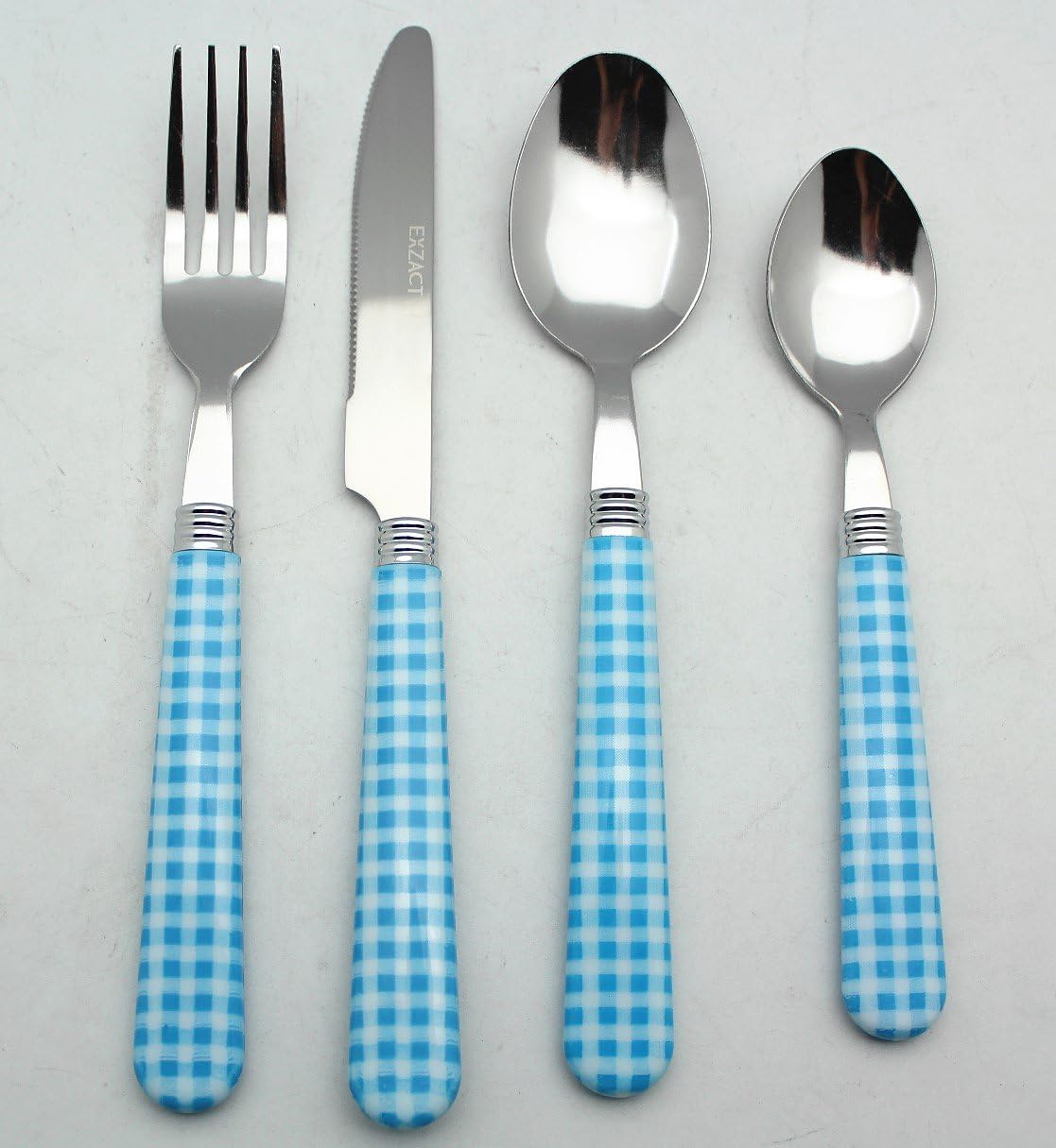 EXZACT Cutlery Set 24pcs Stainless Steel with Gingham Check Coloured Handles