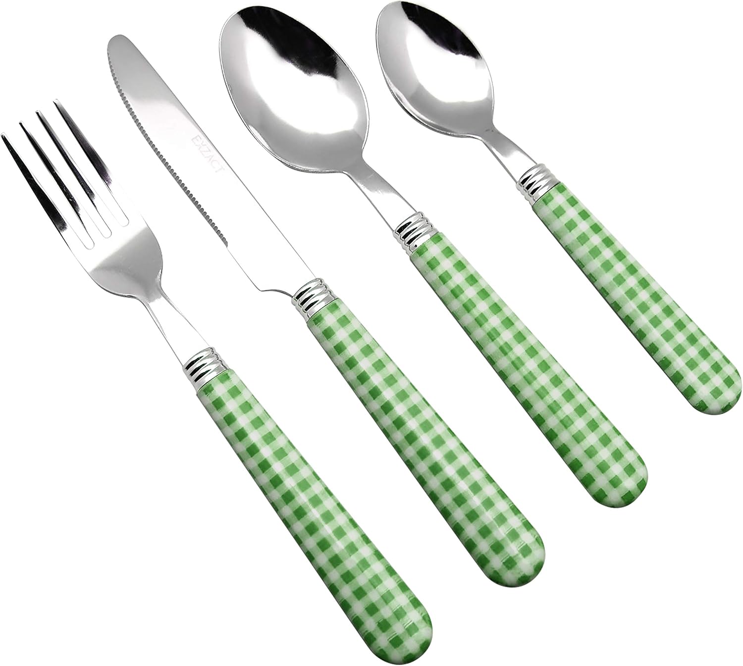 EXZACT Cutlery Set 24pcs Stainless Steel with Gingham Check Coloured Handles