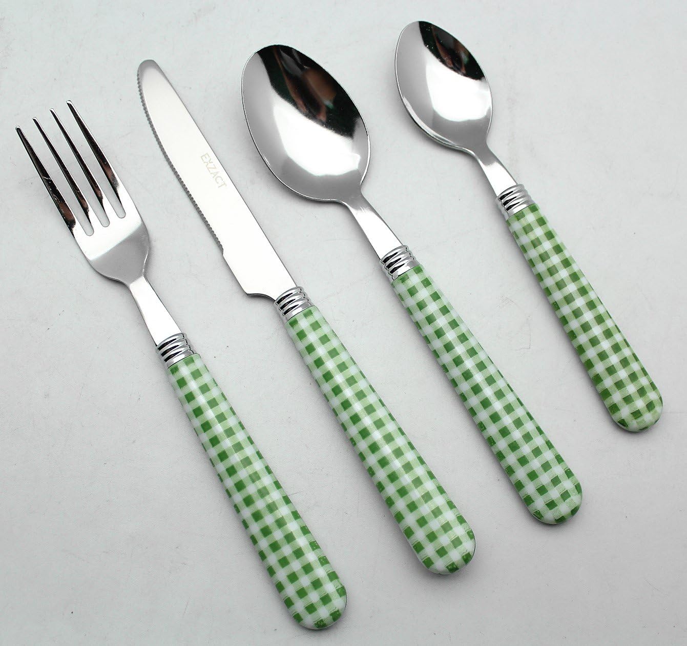 EXZACT Cutlery Set 24pcs Stainless Steel with Gingham Check Coloured Handles