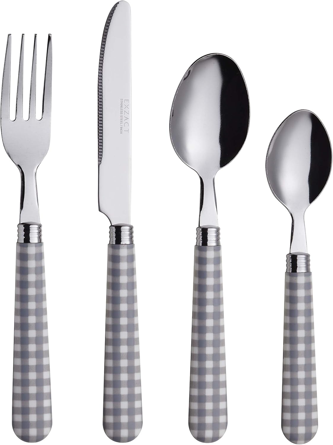 EXZACT Cutlery Set 24pcs Stainless Steel with Gingham Check Coloured Handles