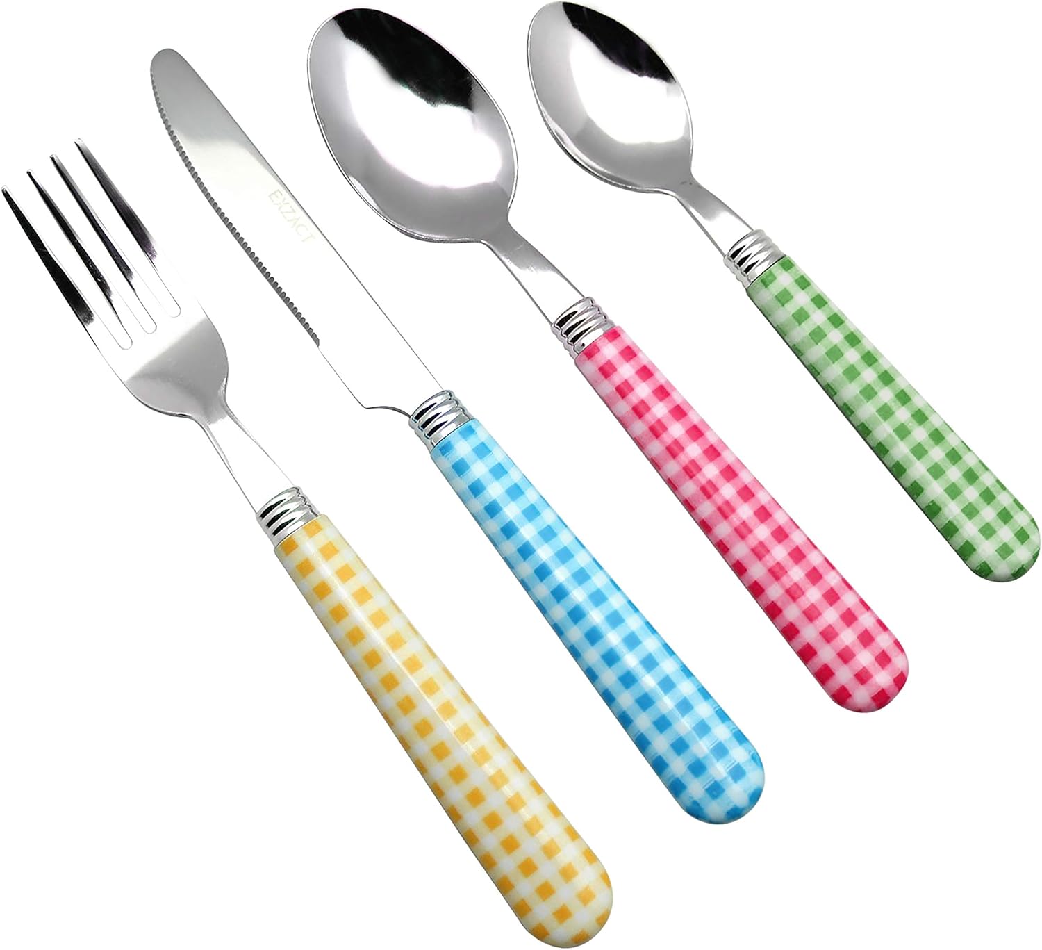 EXZACT Cutlery Set 24pcs Stainless Steel with Gingham Check Coloured Handles
