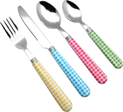 EXZACT Cutlery Set 24pcs Stainless Steel with Gingham Check Coloured Handles