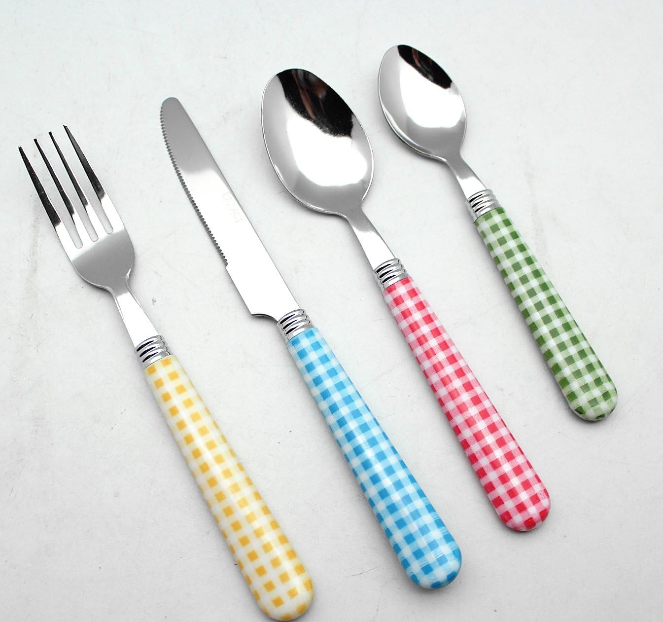 EXZACT Cutlery Set 24pcs Stainless Steel with Gingham Check Coloured Handles