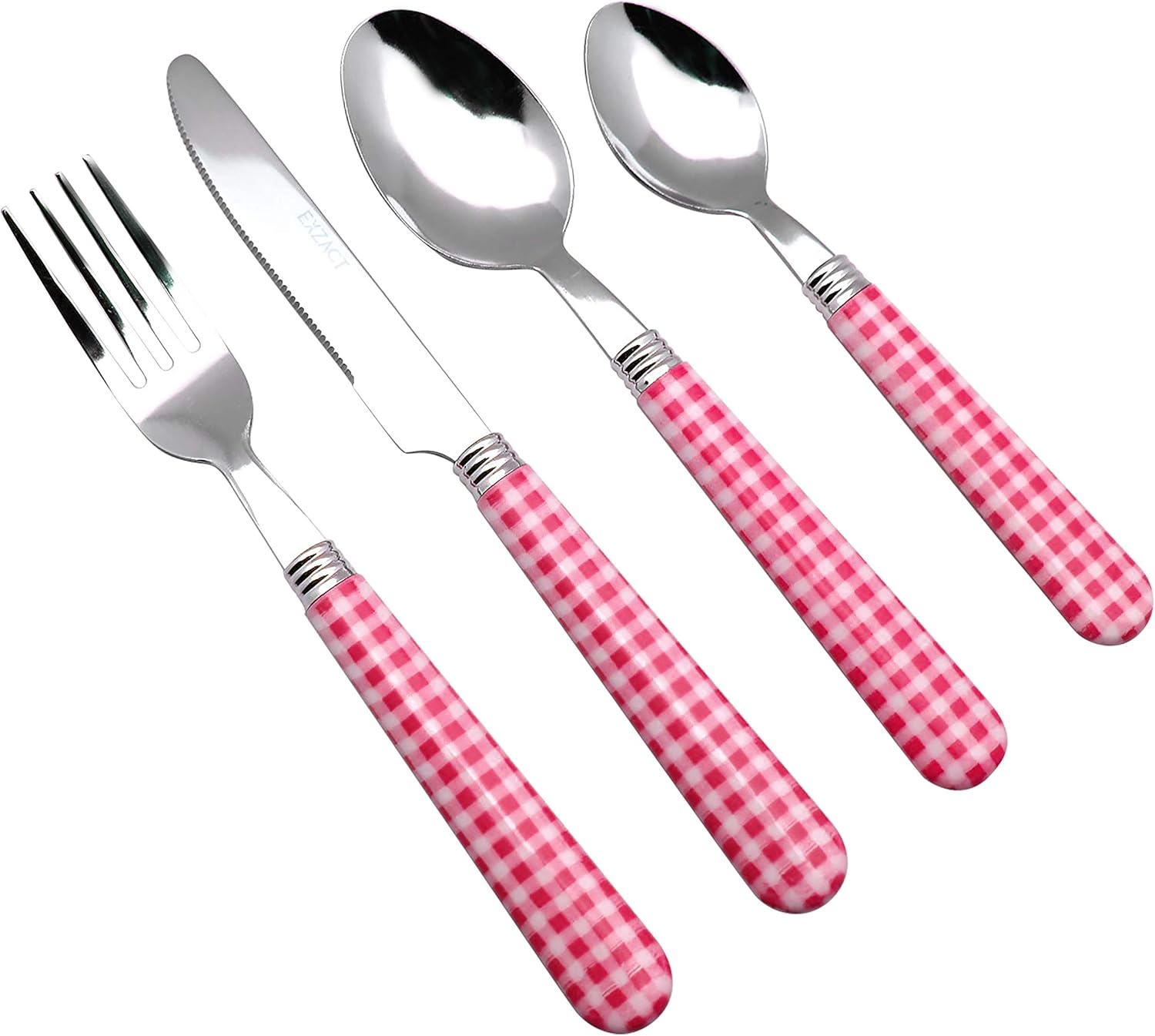 EXZACT Cutlery Set 24pcs Stainless Steel with Gingham Check Coloured Handles