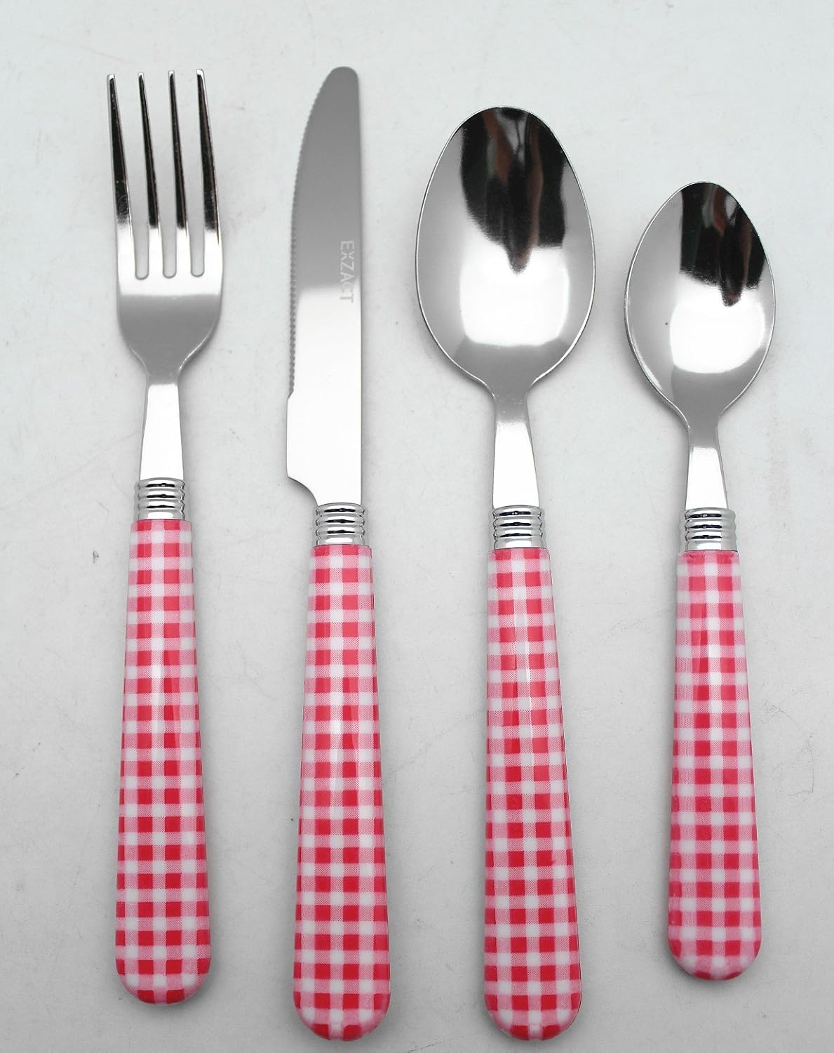 EXZACT Cutlery Set 24pcs Stainless Steel with Gingham Check Coloured Handles