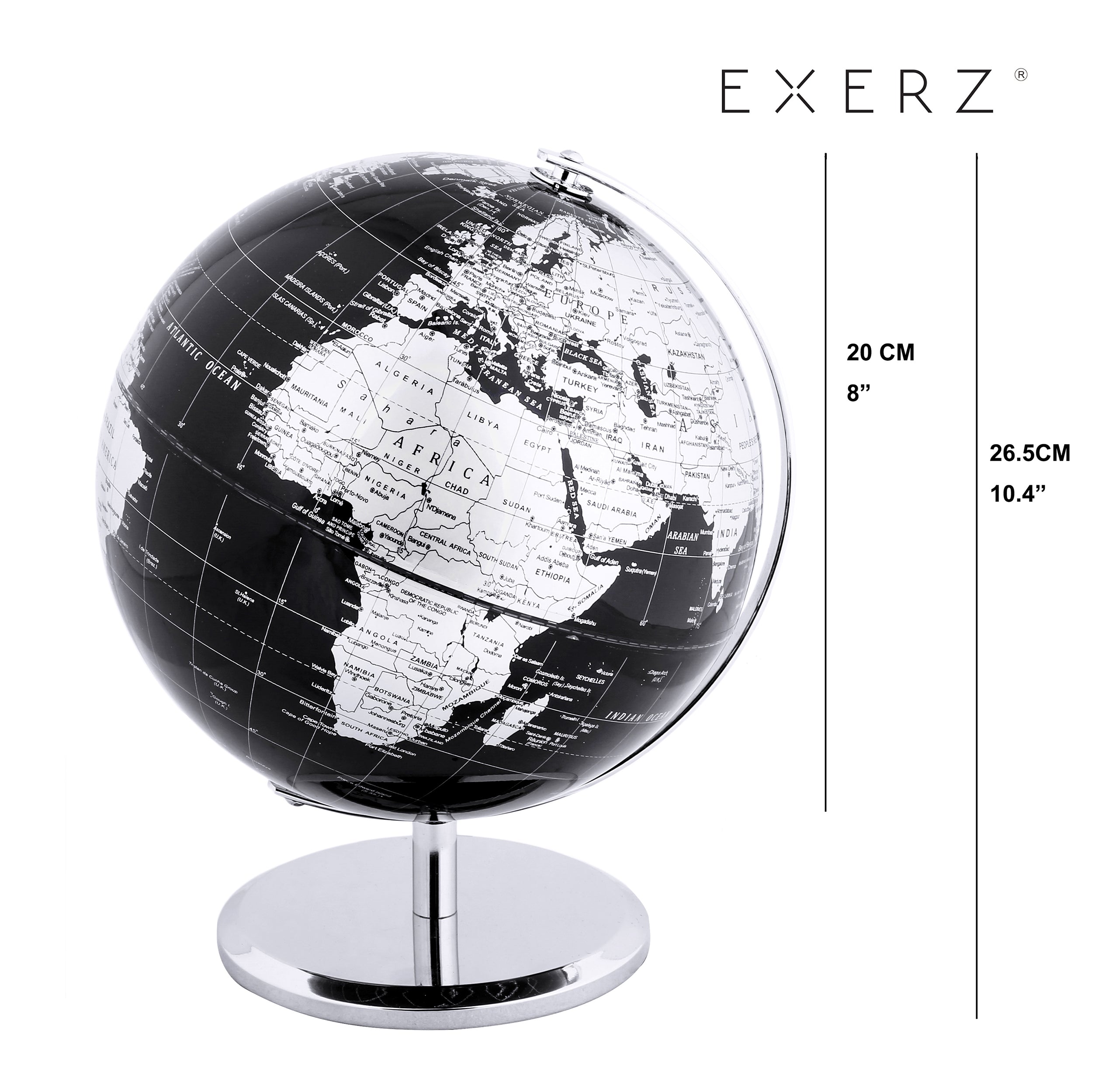 Exerz World Globe With a Metal Base- Metallic Black